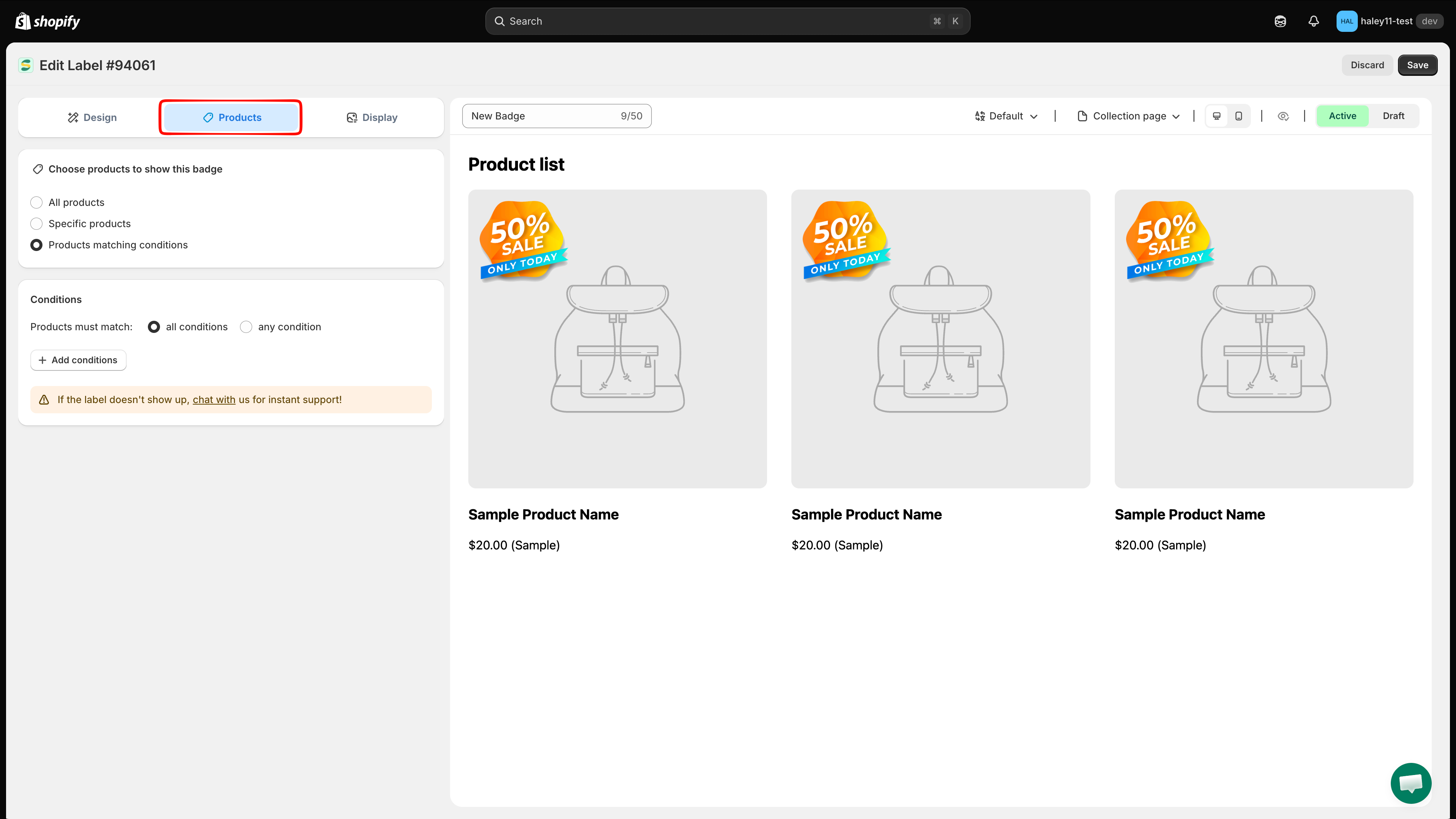 Products tab in the badge editor