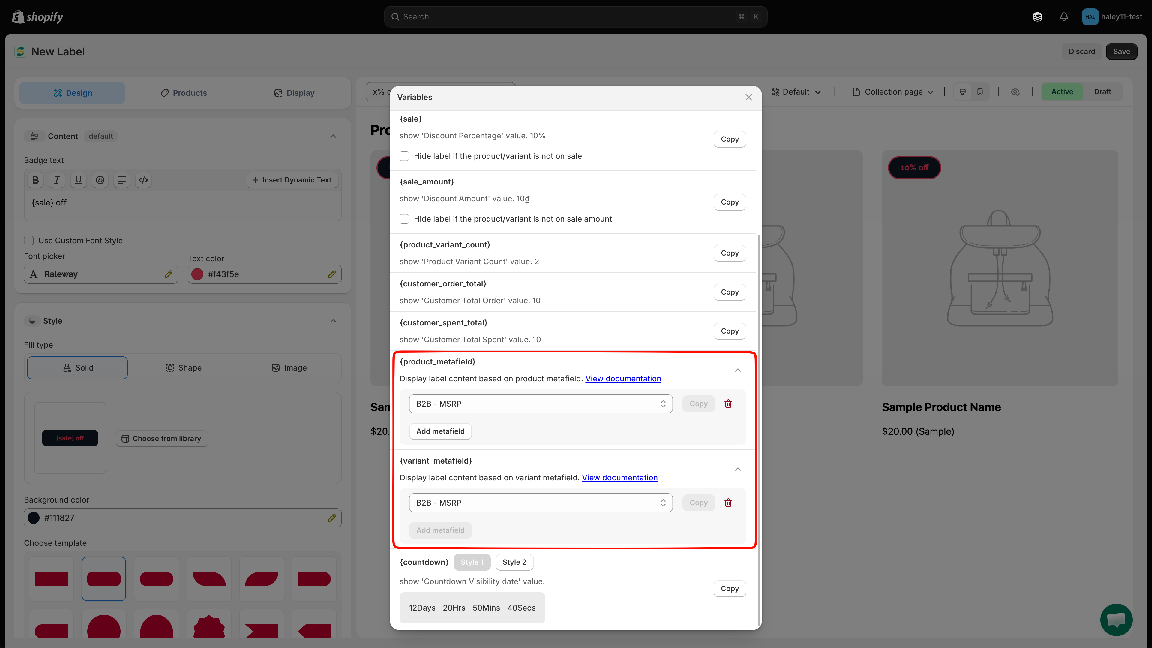 Expanded product metafield variable with Add metafield, metafield dropdown, and Copy button