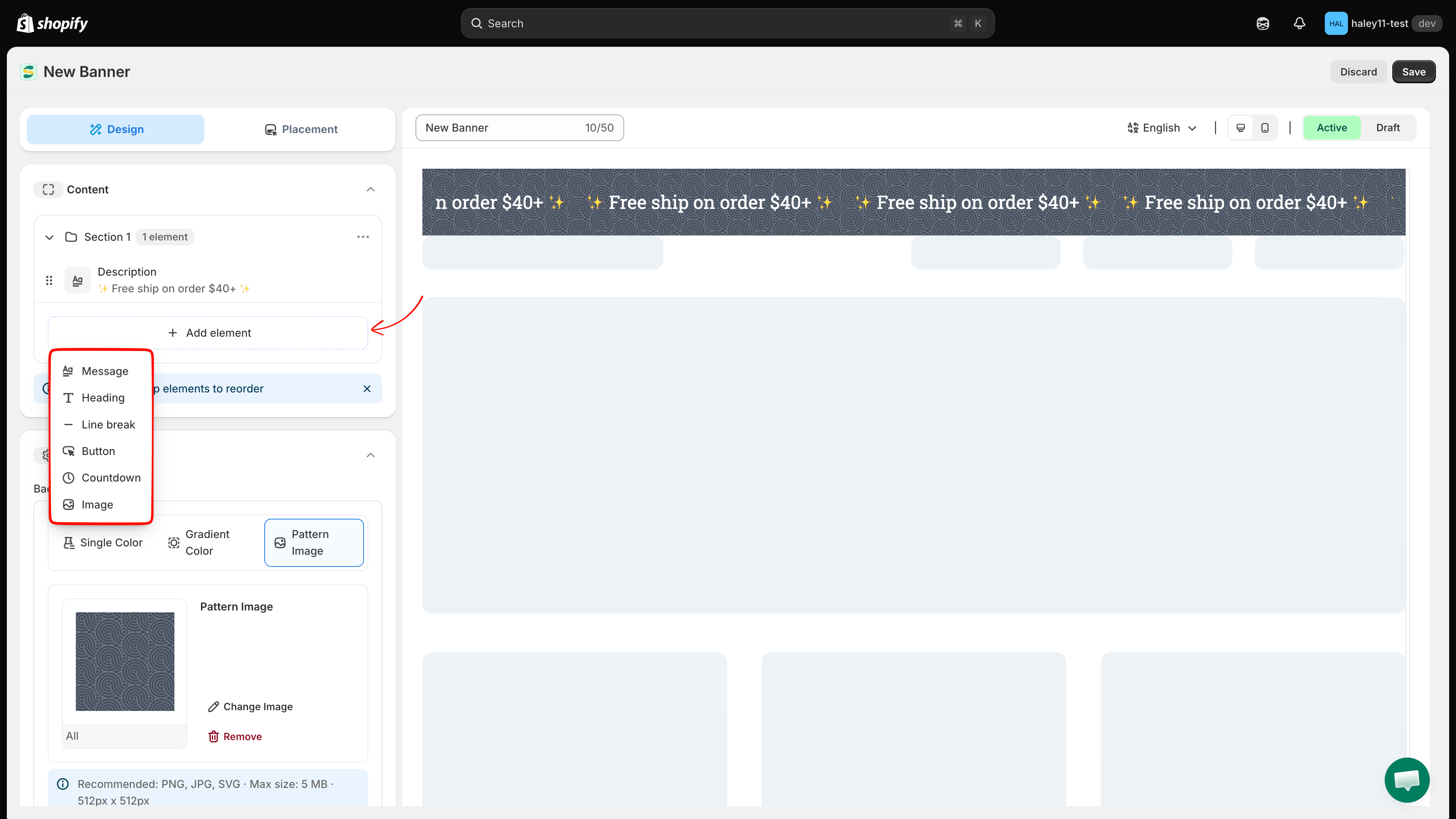 The Content panel with the Description element next to the scrolling preview