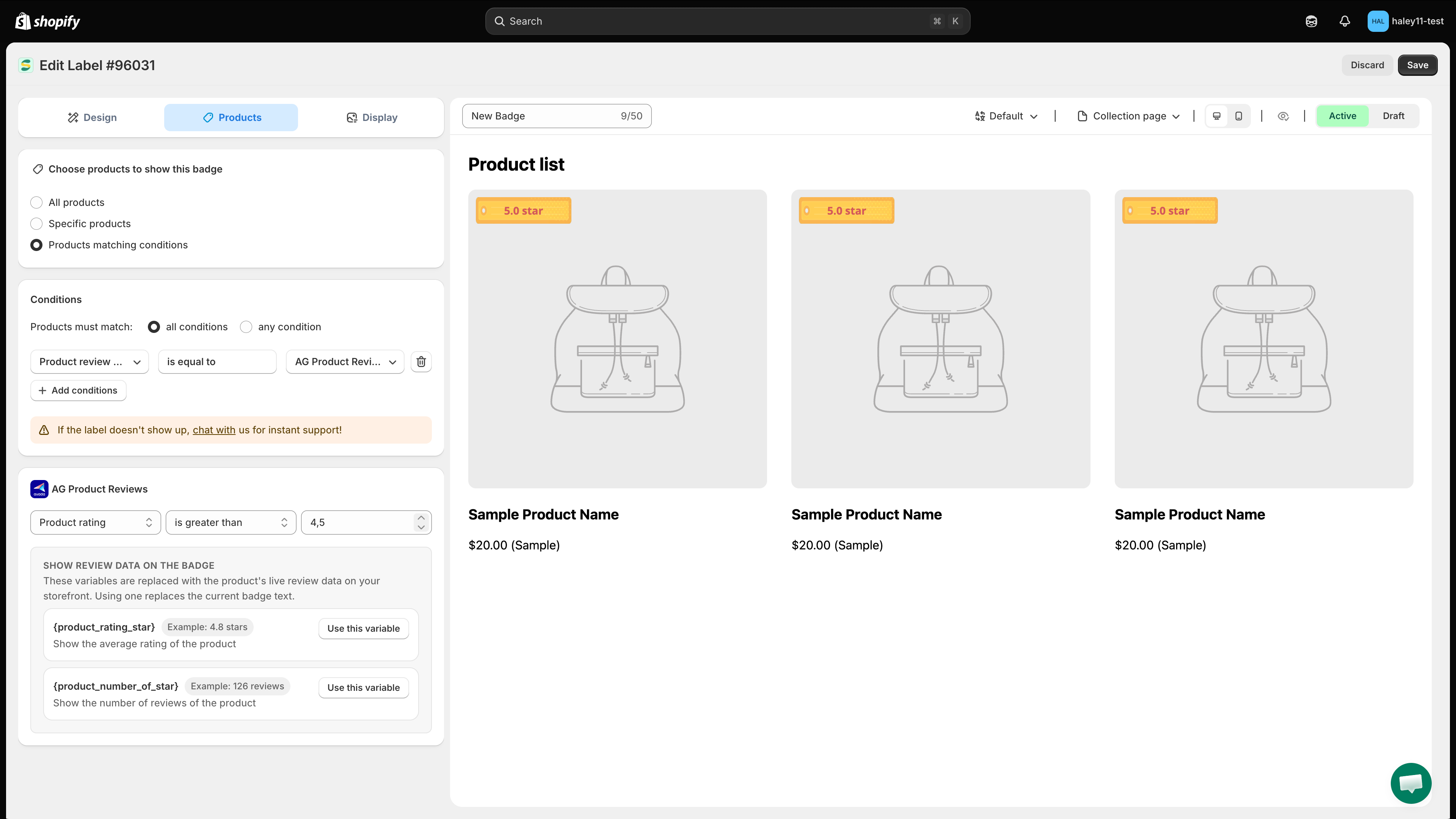 The Product review app condition with Product rating is greater than 4.5, and a badge printing 4.8 star