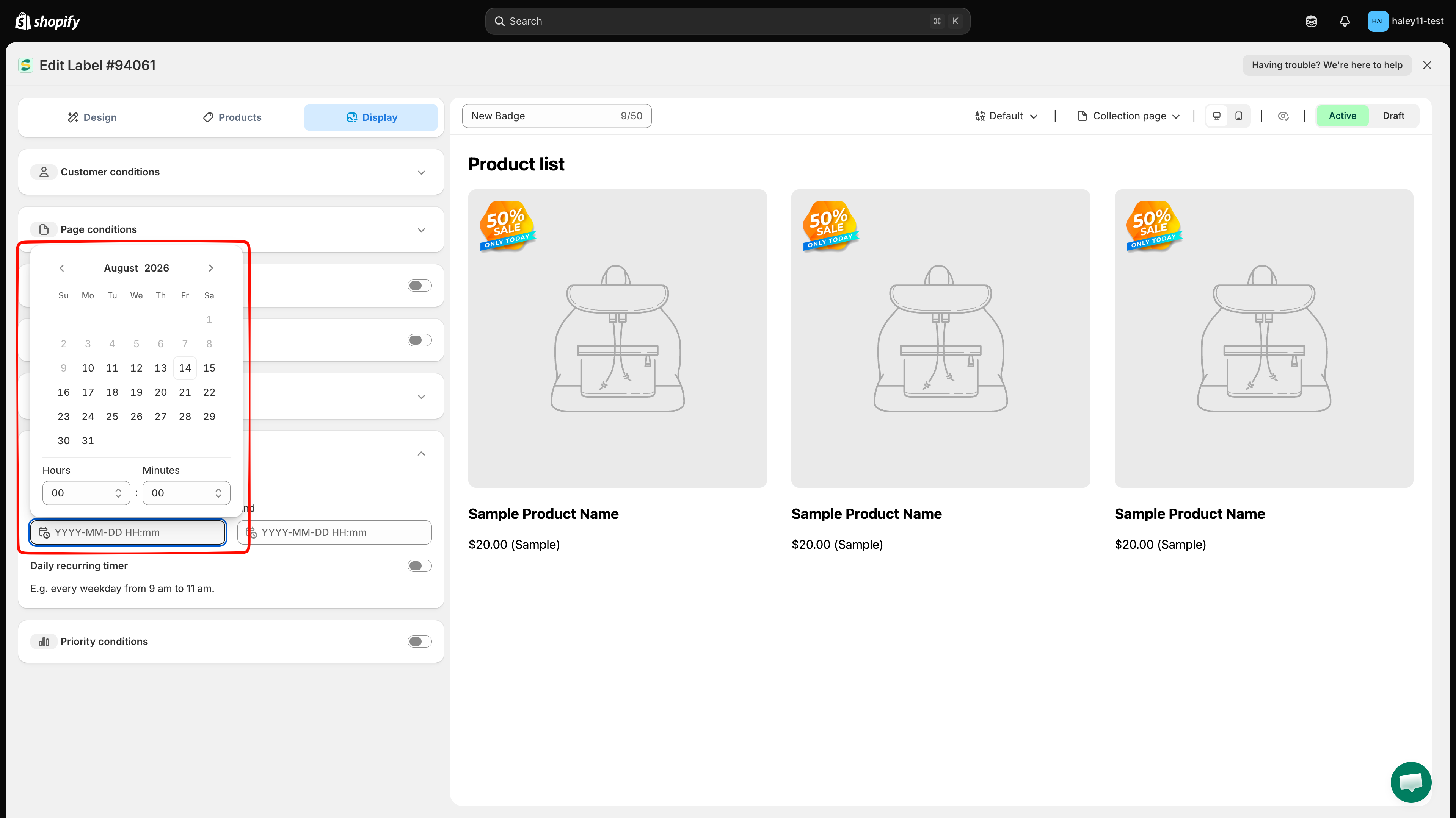 Start date picker with calendar, Hours, and Minutes controls