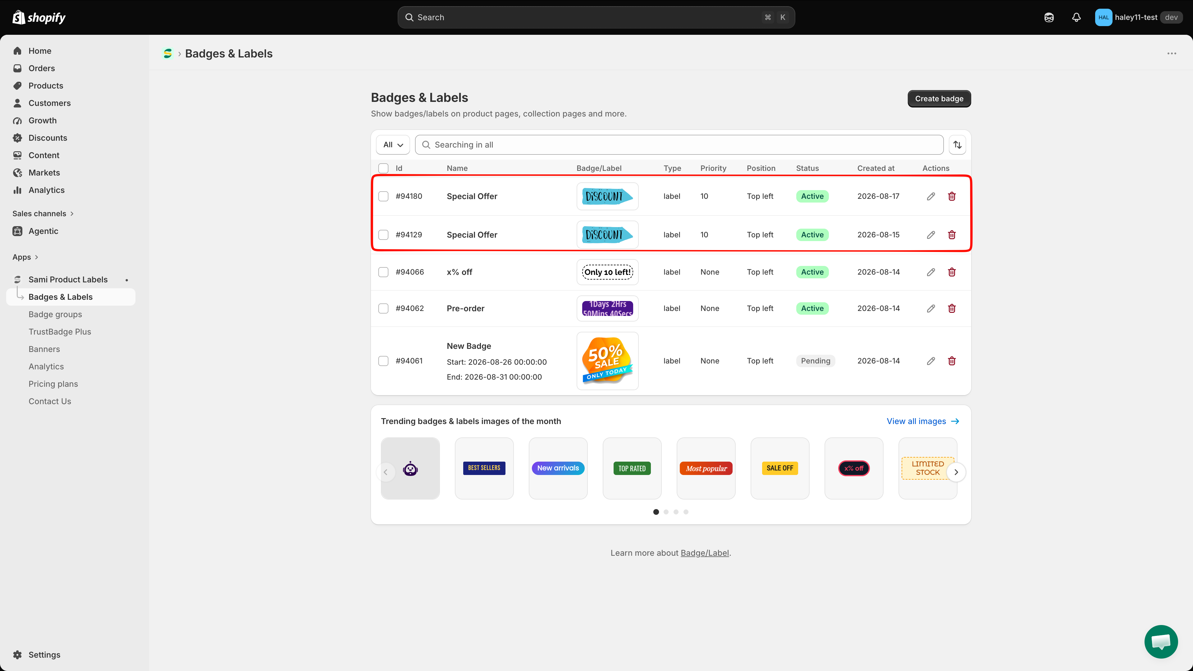 Duplicated badge at the top of the Badges & Labels list