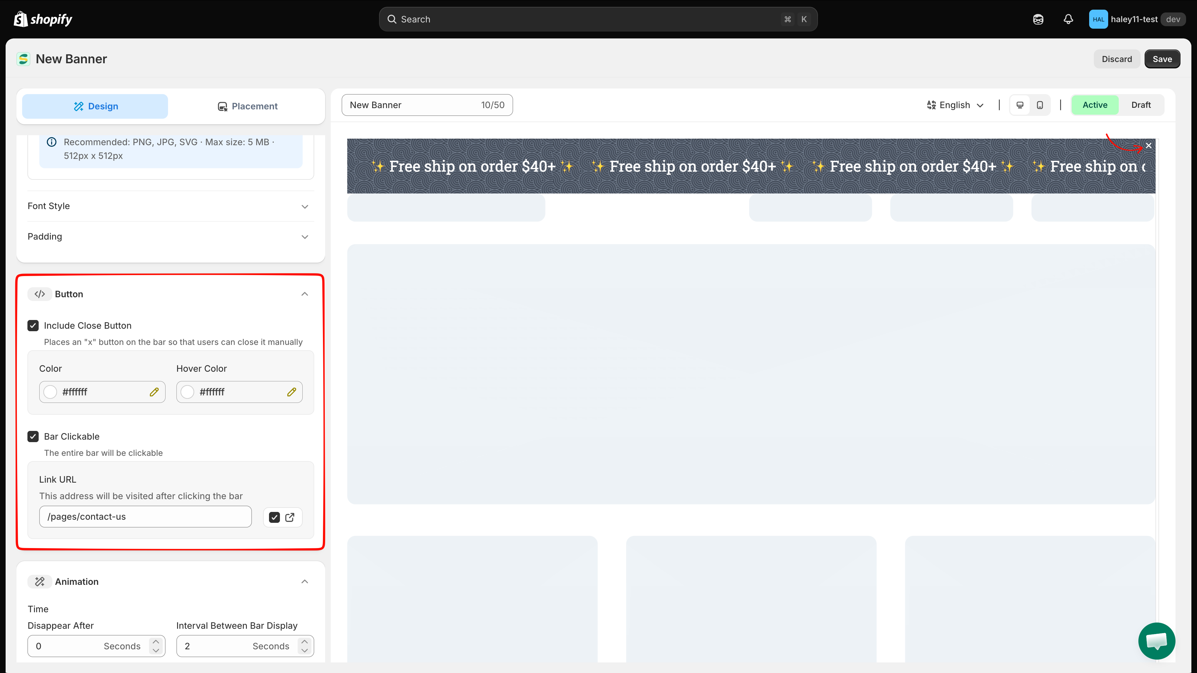 The Button panel with Include Close Button and Bar Clickable enabled