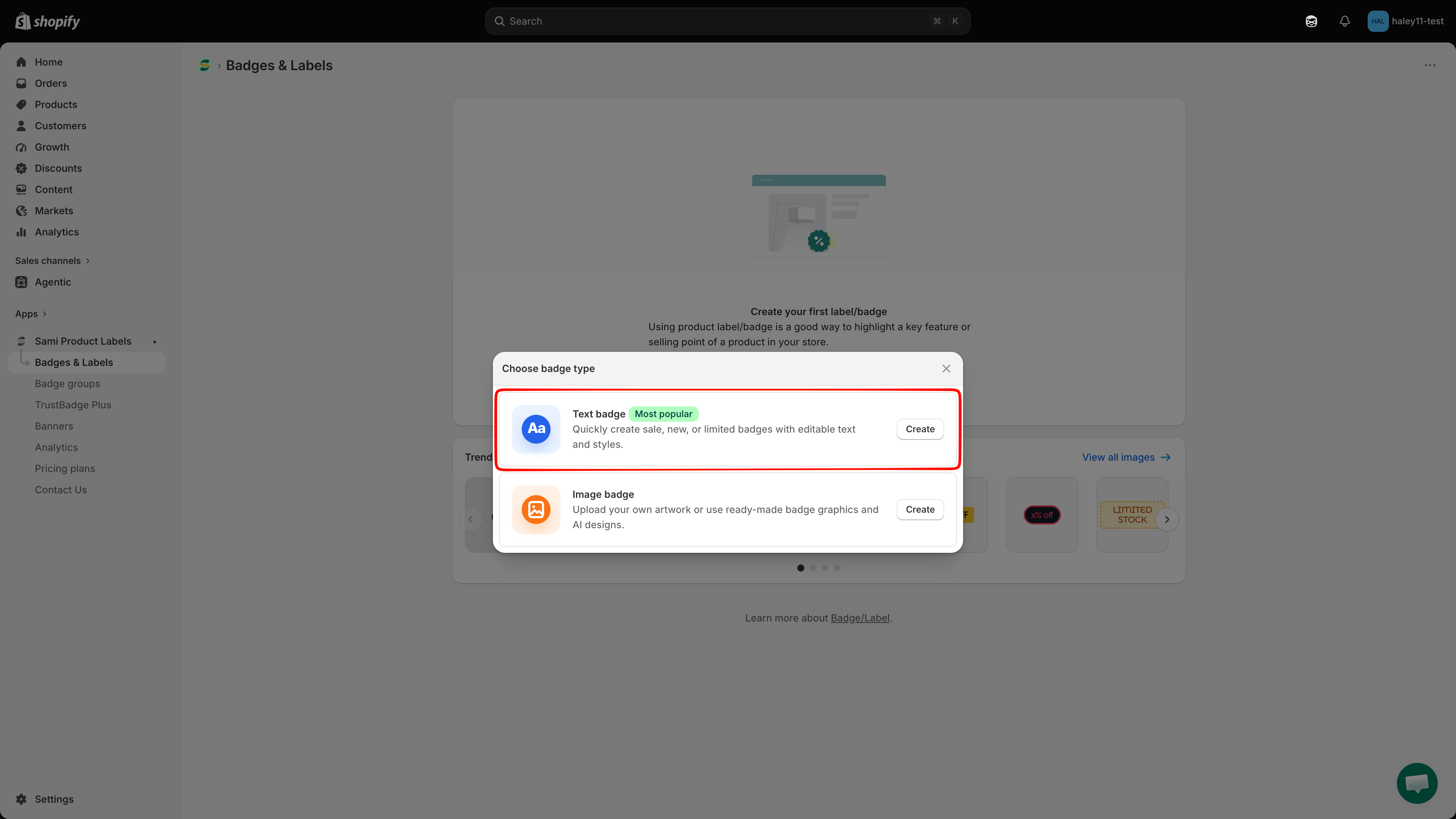 Badge type selection with Text option