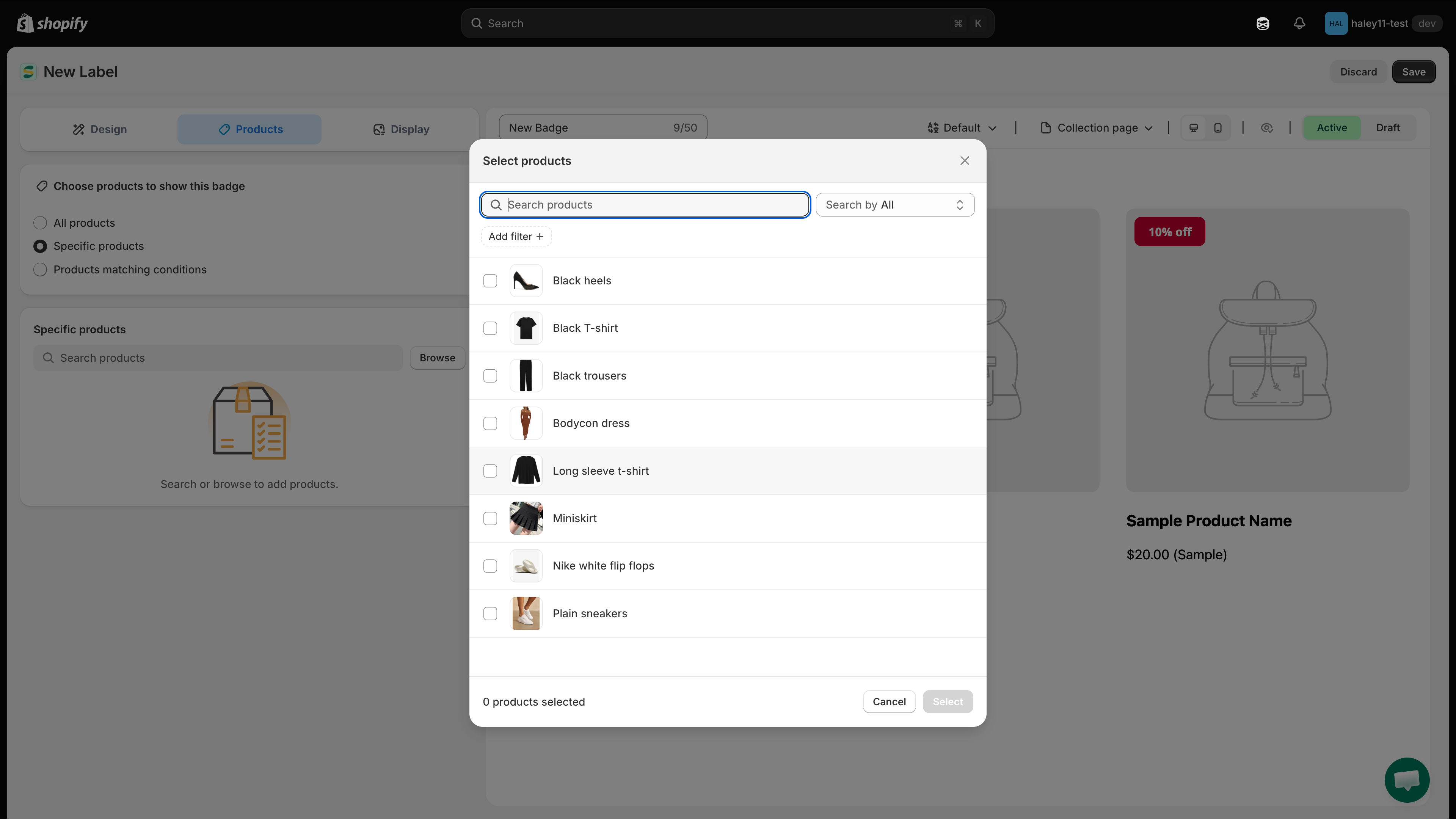 Select products dialog with search, filters, and product checkboxes
