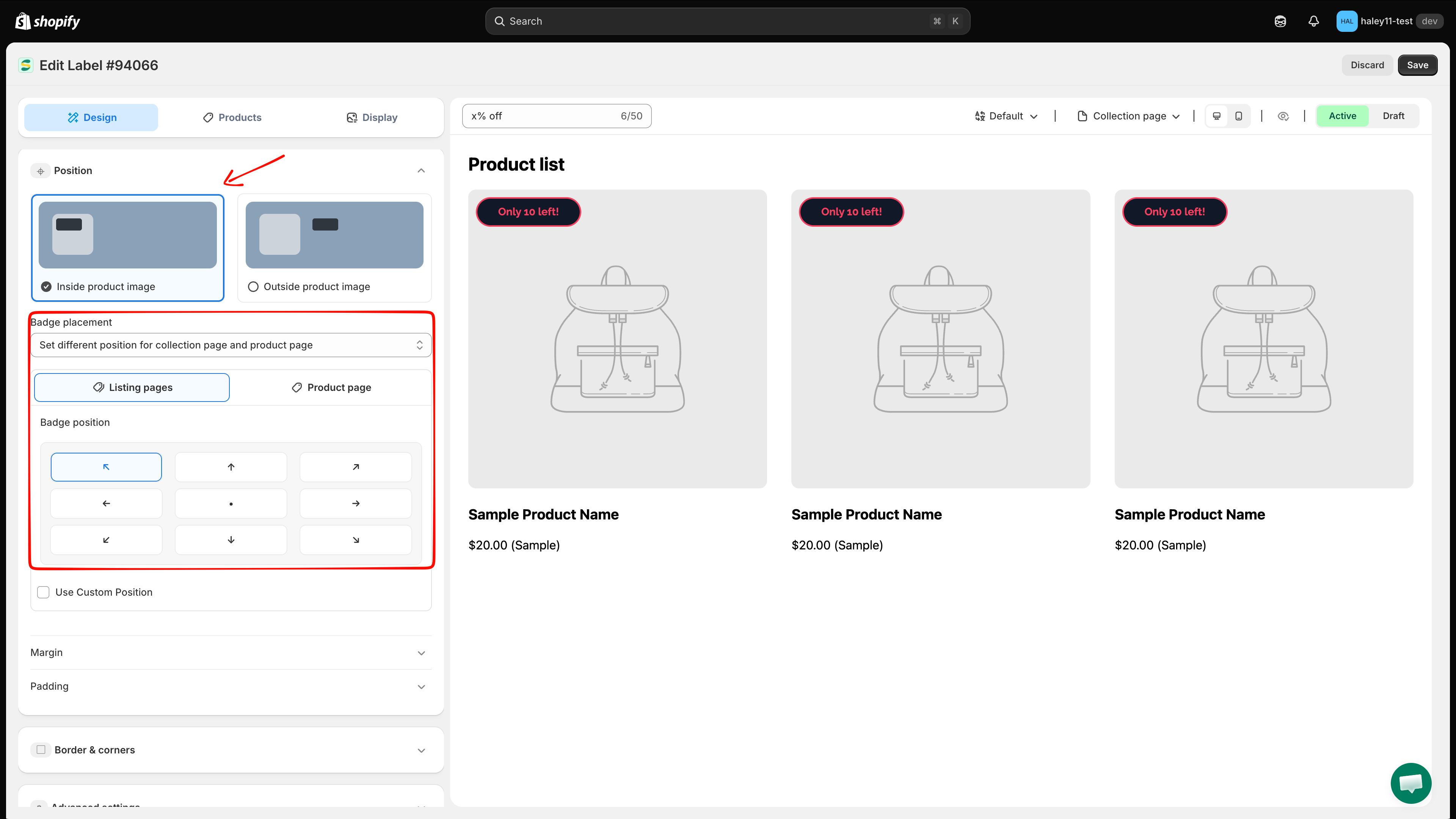 Badge placement selector with Listing pages and Product page tabs
