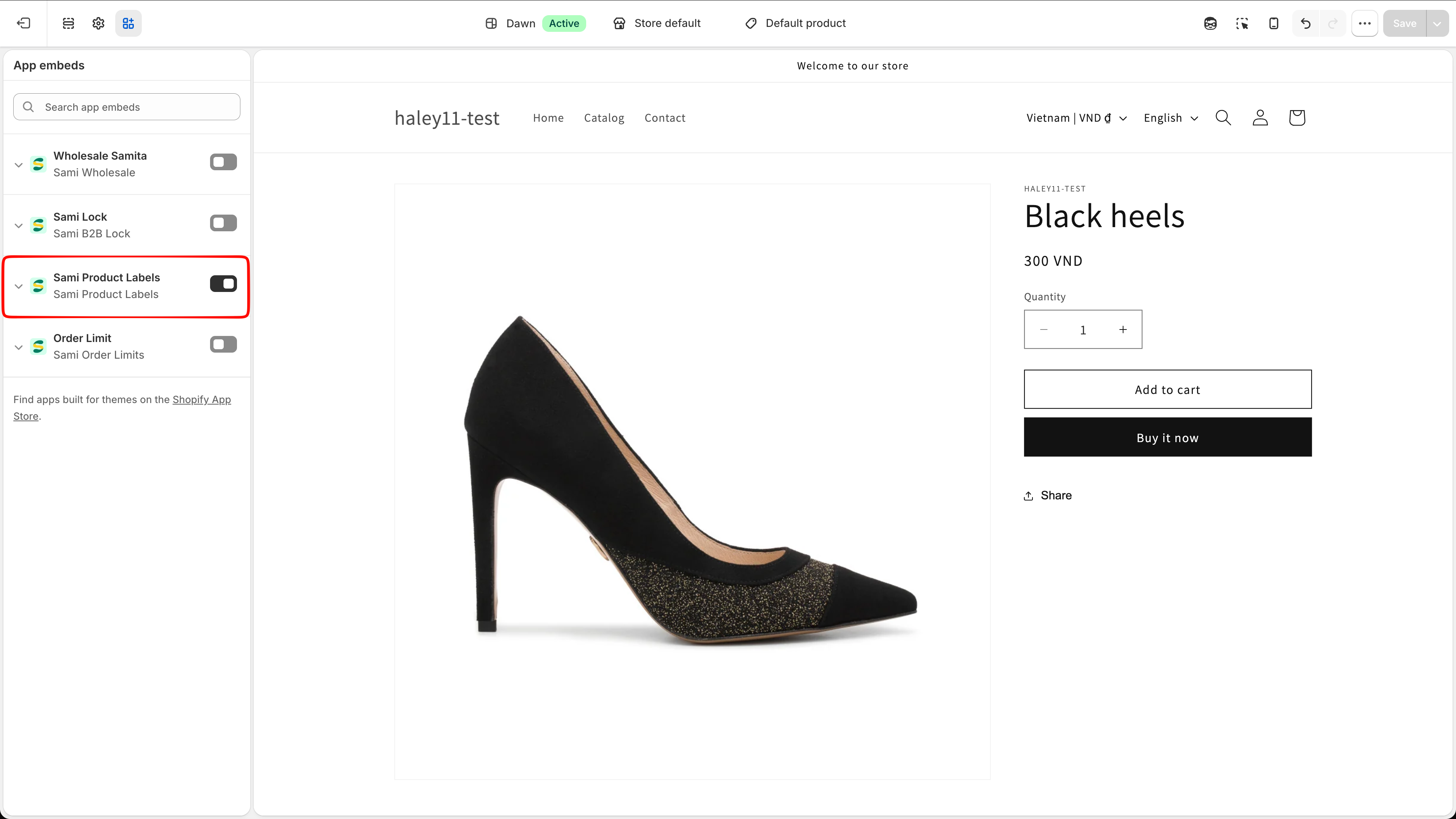 Shopify theme editor showing the App embeds panel with Sami Product Labels toggled on