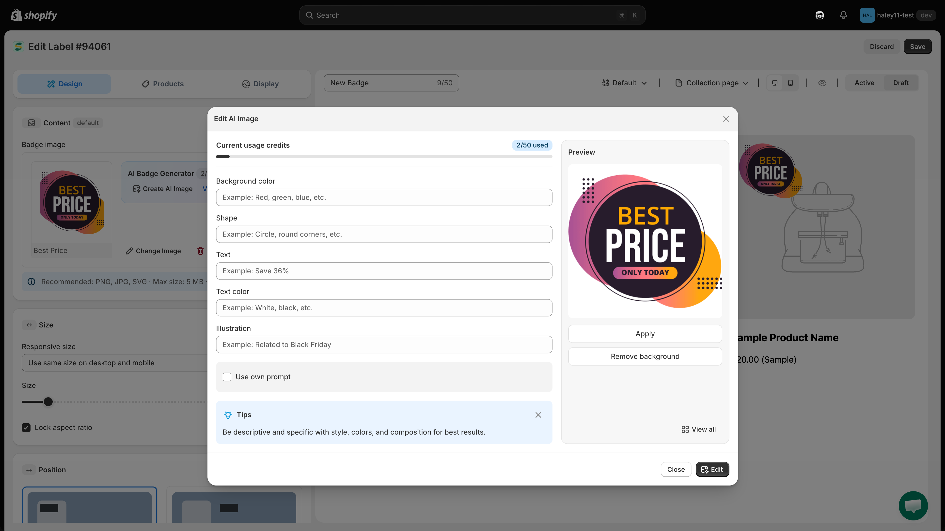 The Edit AI Image dialog with guided fields on the left and a preview on the right