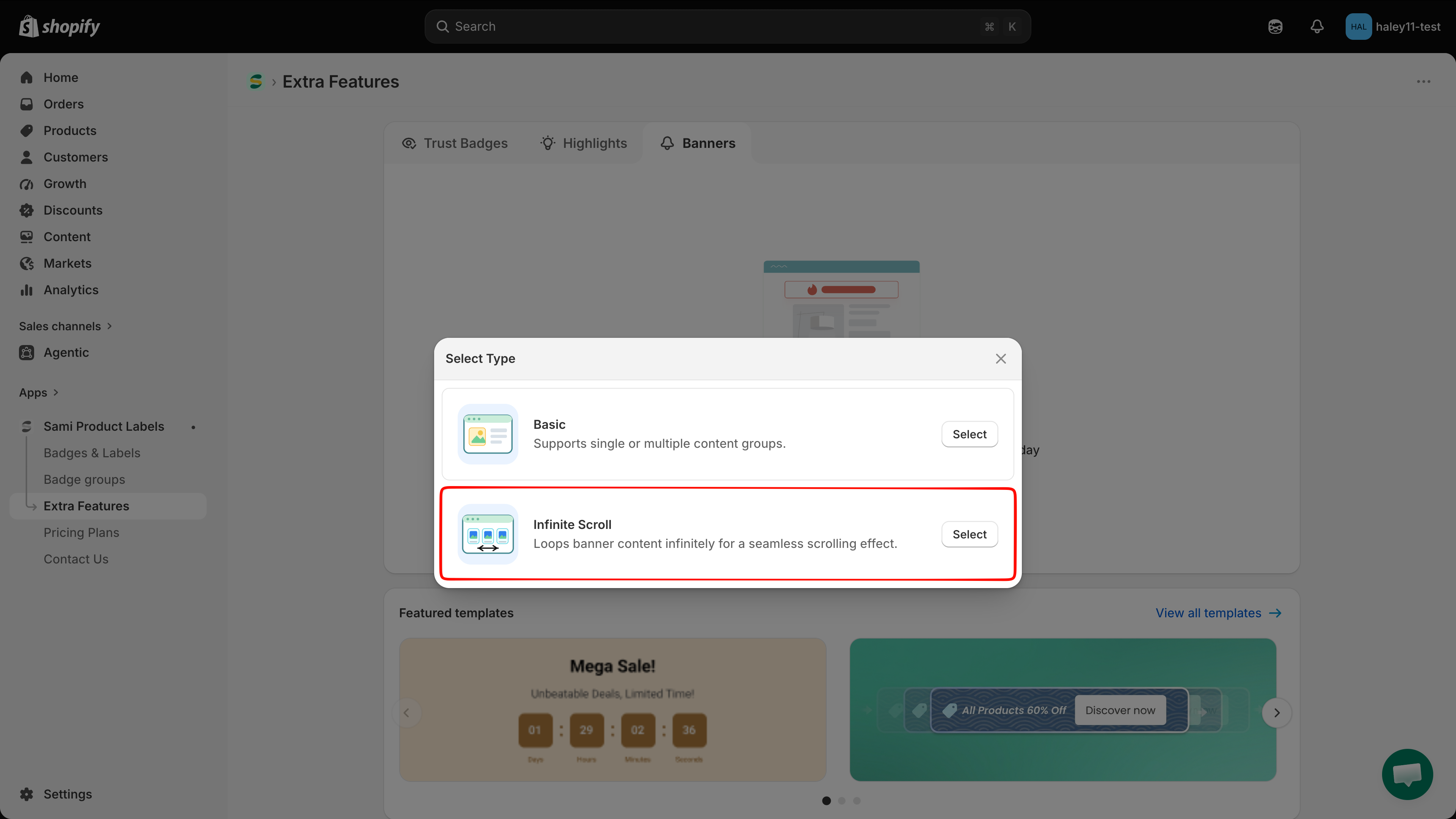 The Select Type dialog with Infinite Scroll selected