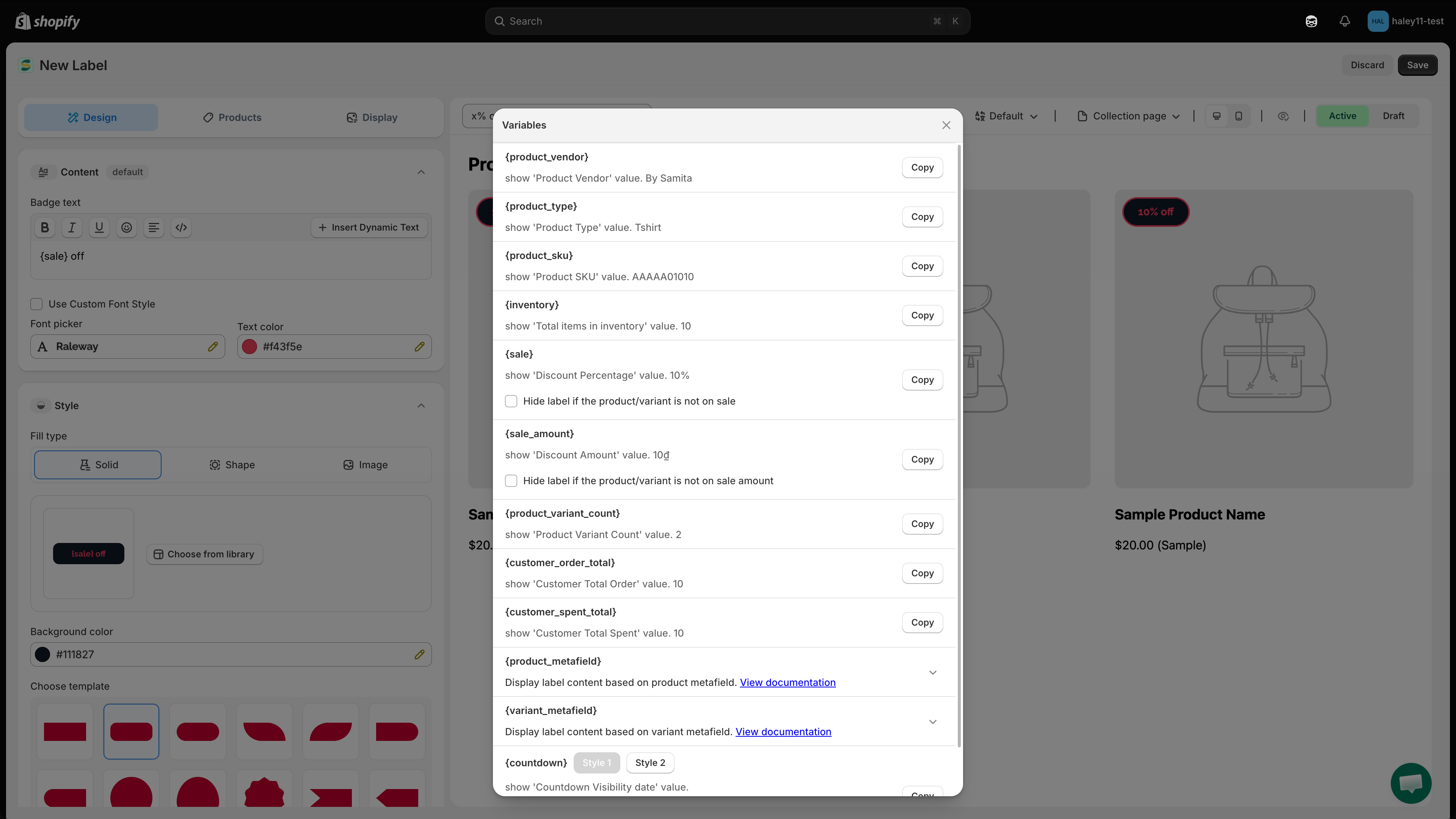 Variables dialog showing dynamic tokens, sample values, and Copy buttons