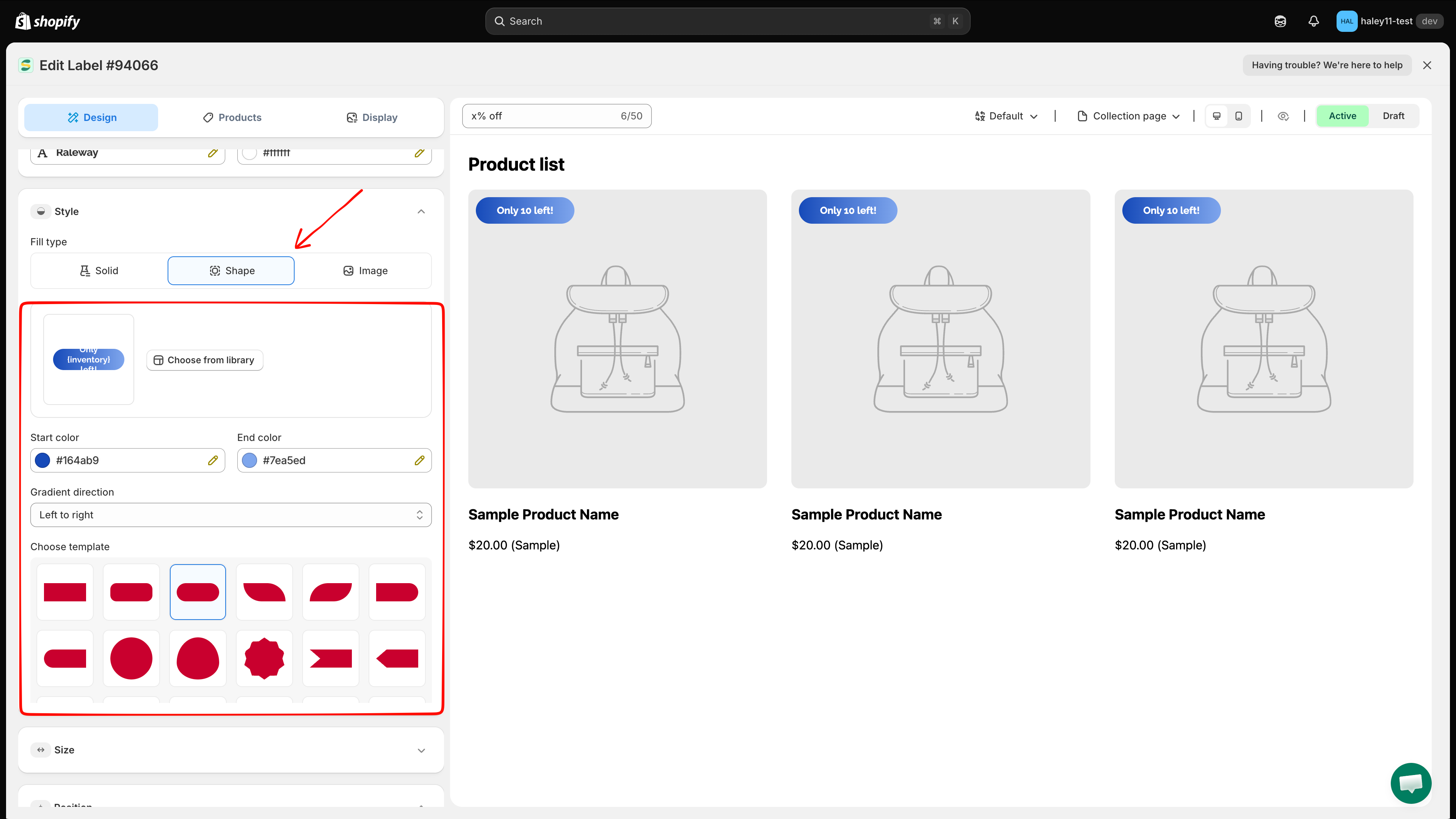 Shape background controls with the template library, start and end colors, and gradient direction