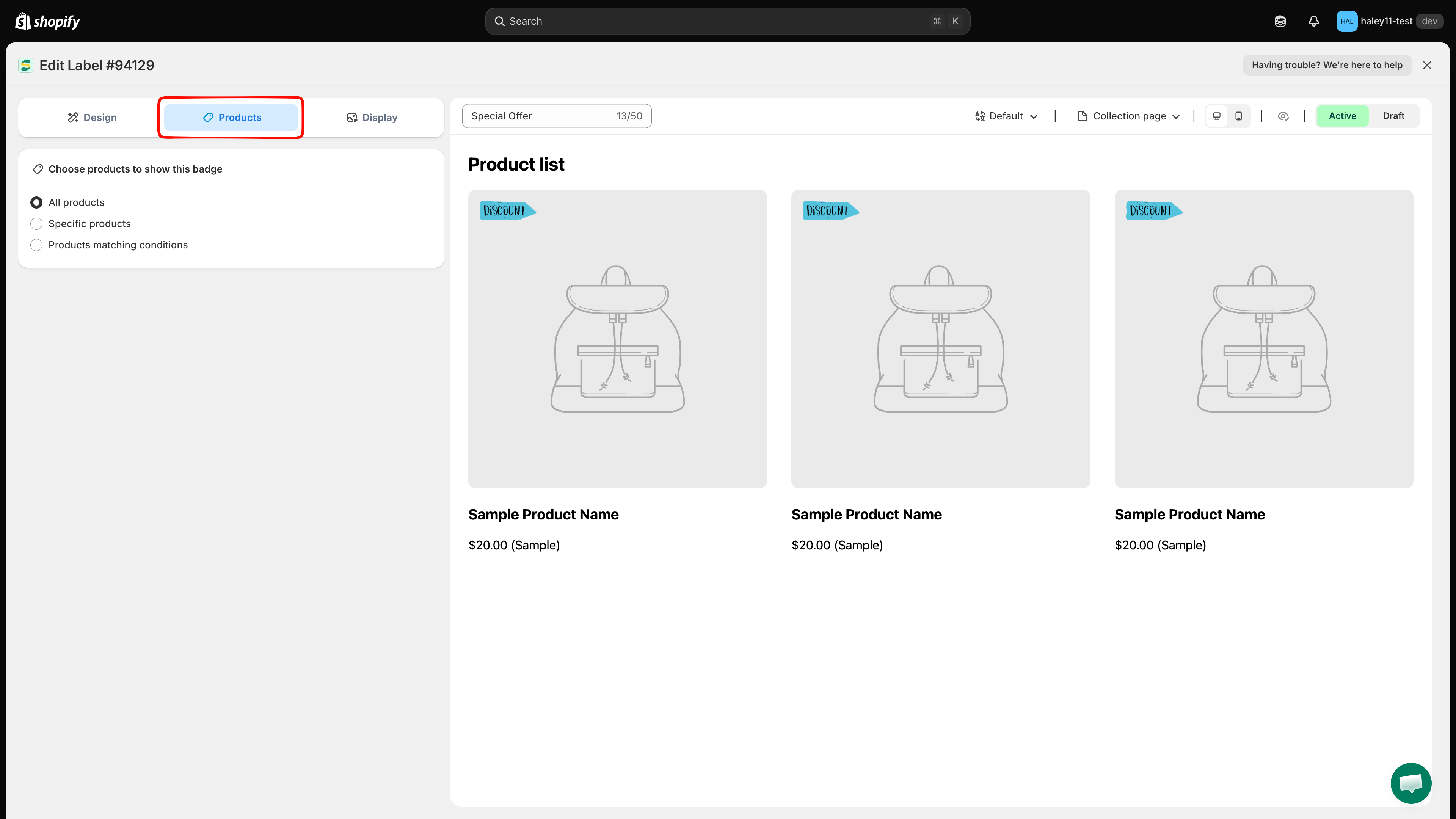 Products tab in the badge editor