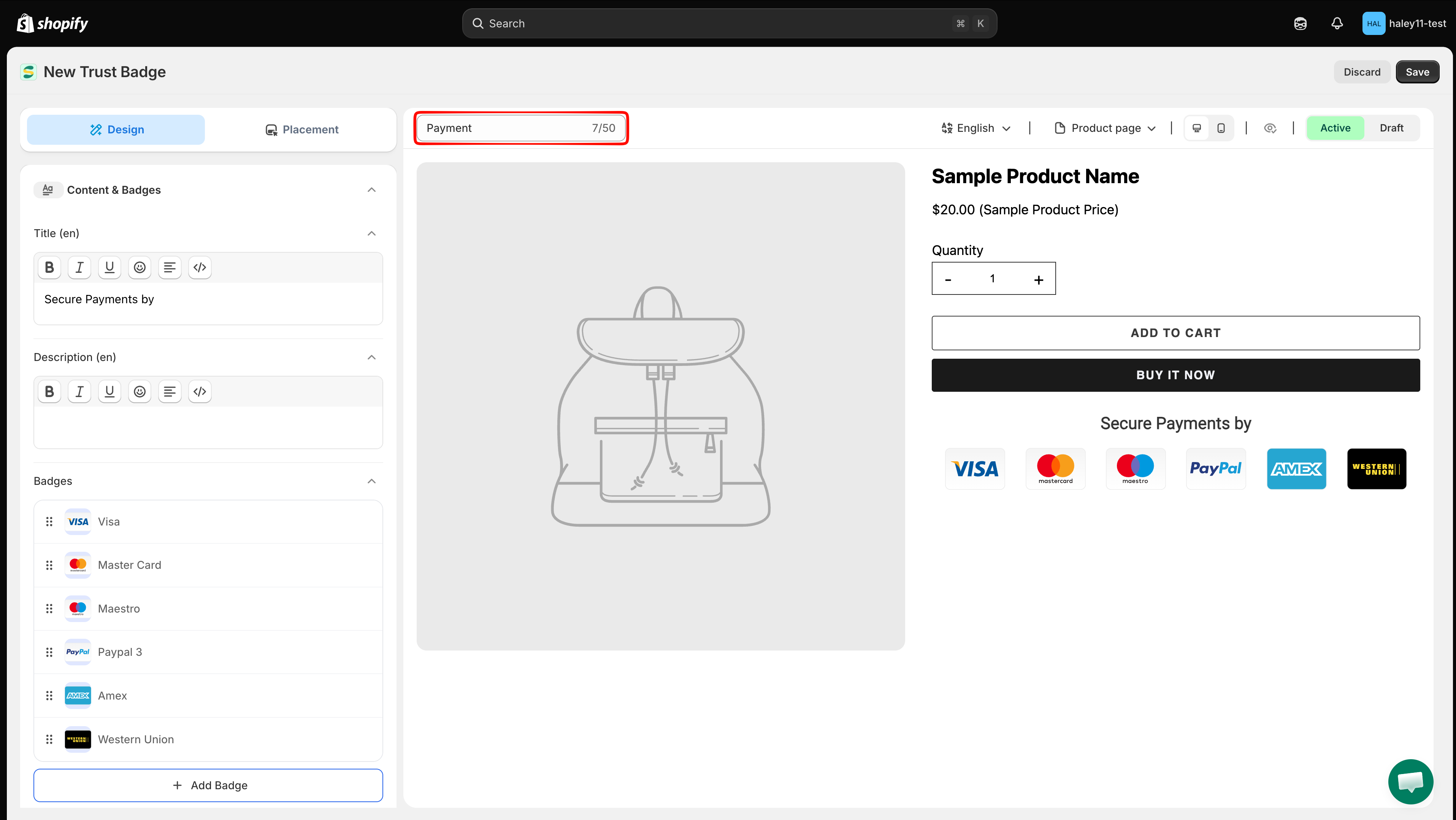 Trust badge name field above the editor preview
