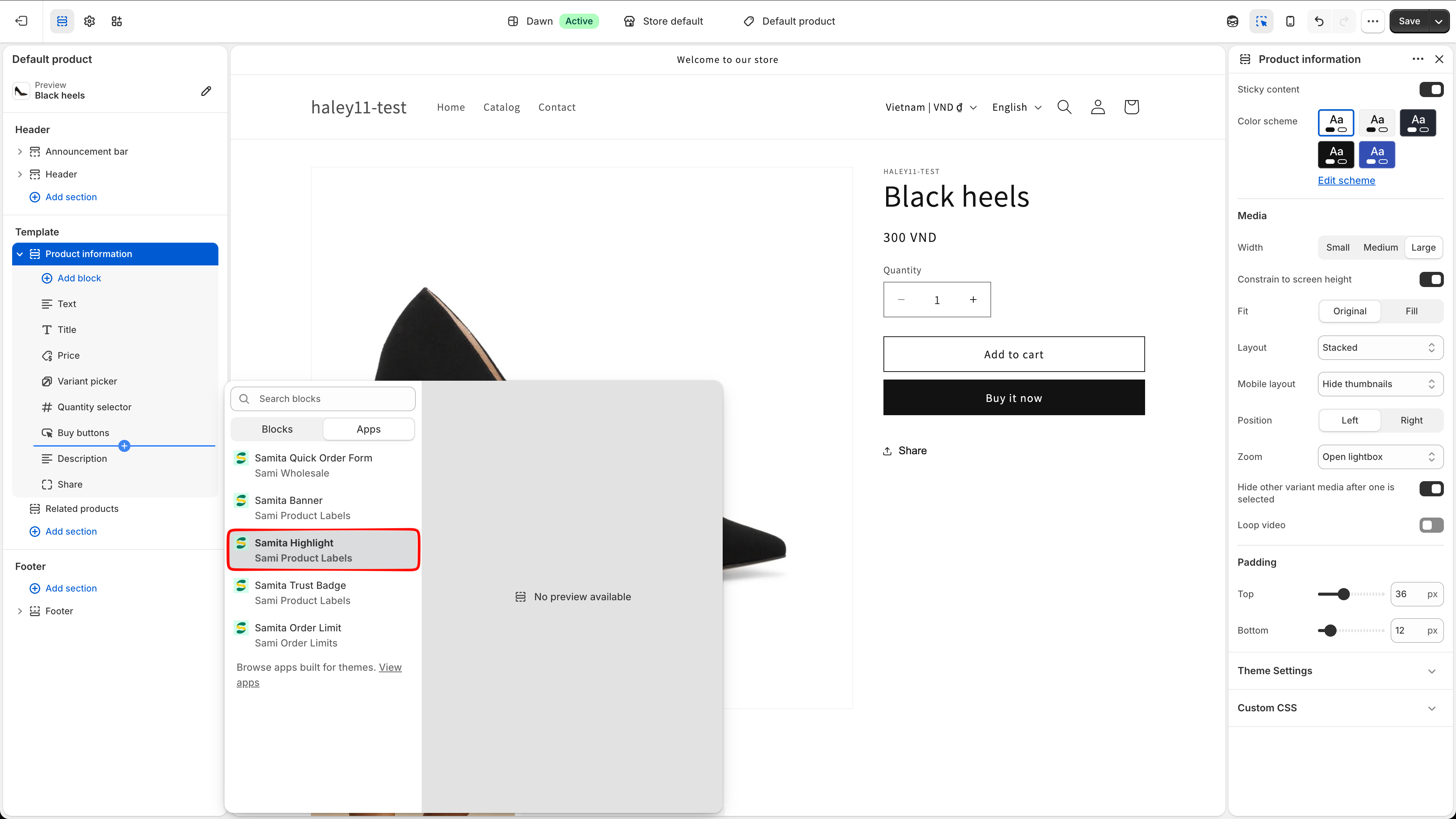 Add block menu on the Apps tab with Samita Highlight selected