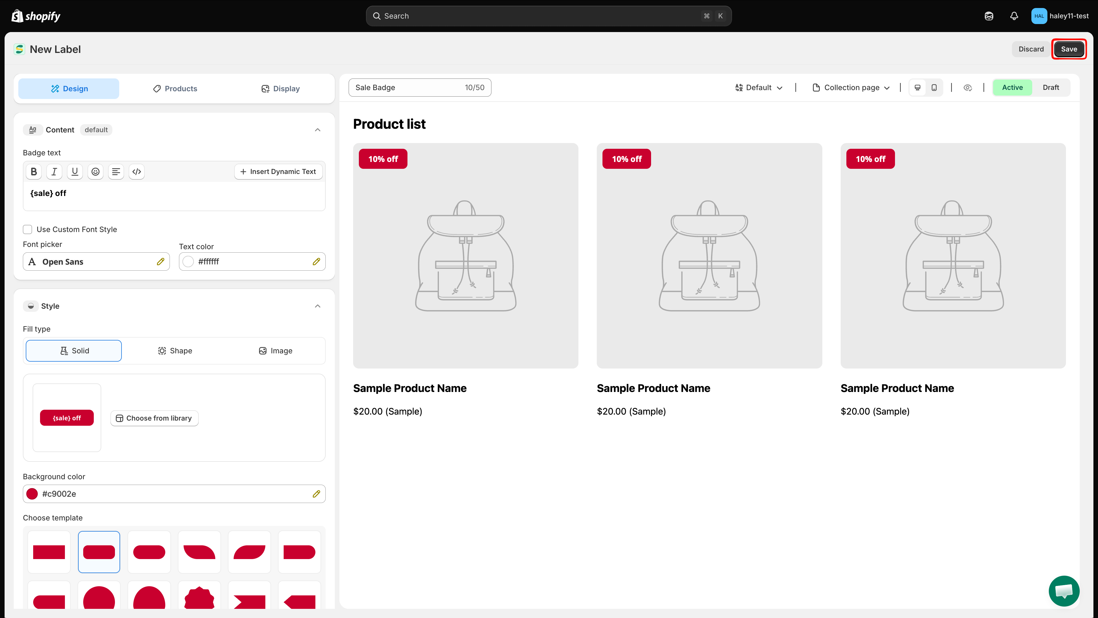 Save button on badge editor
