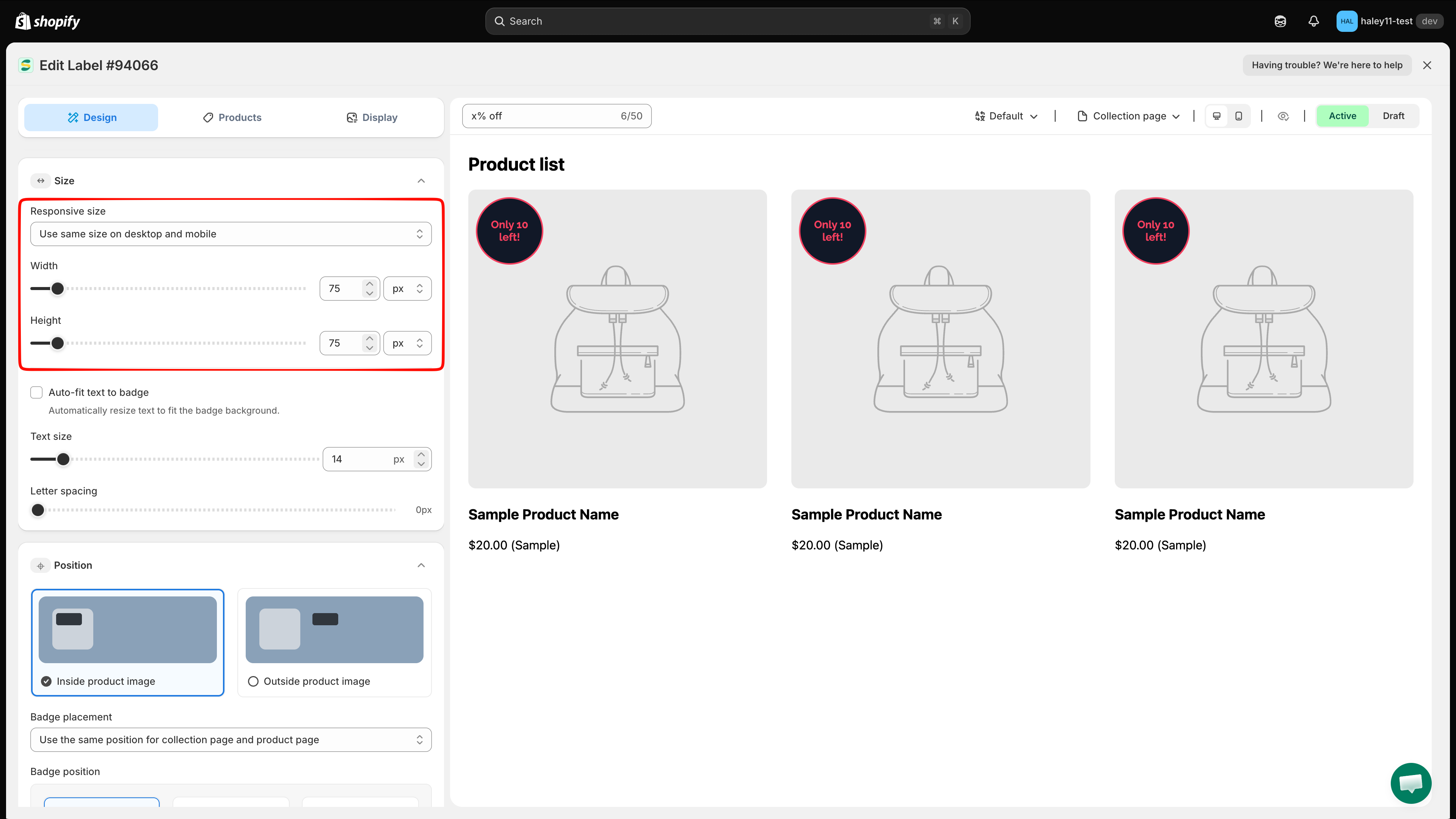 Use same size on desktop and mobile selected for a text badge