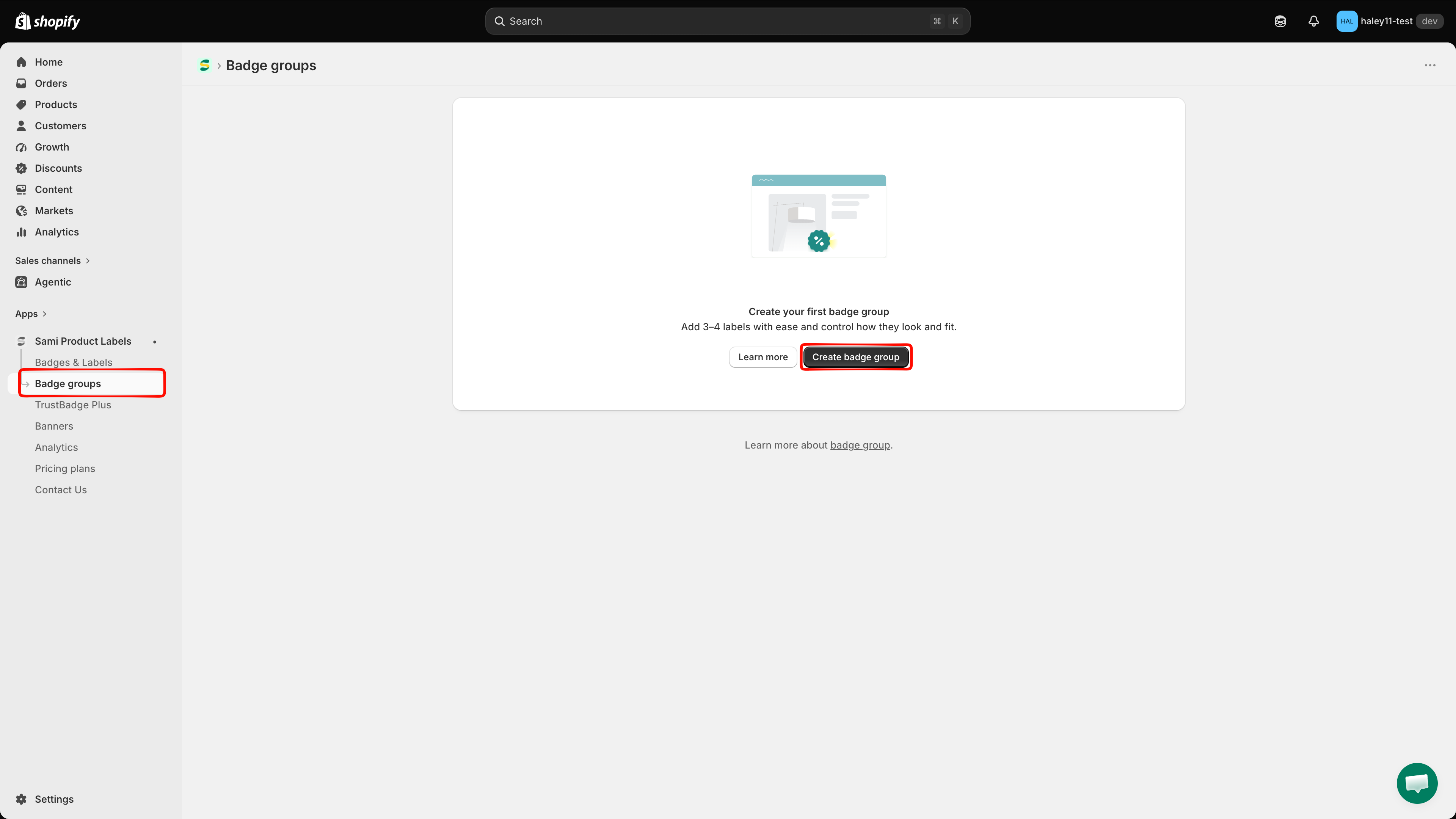 Badge groups page with the empty state