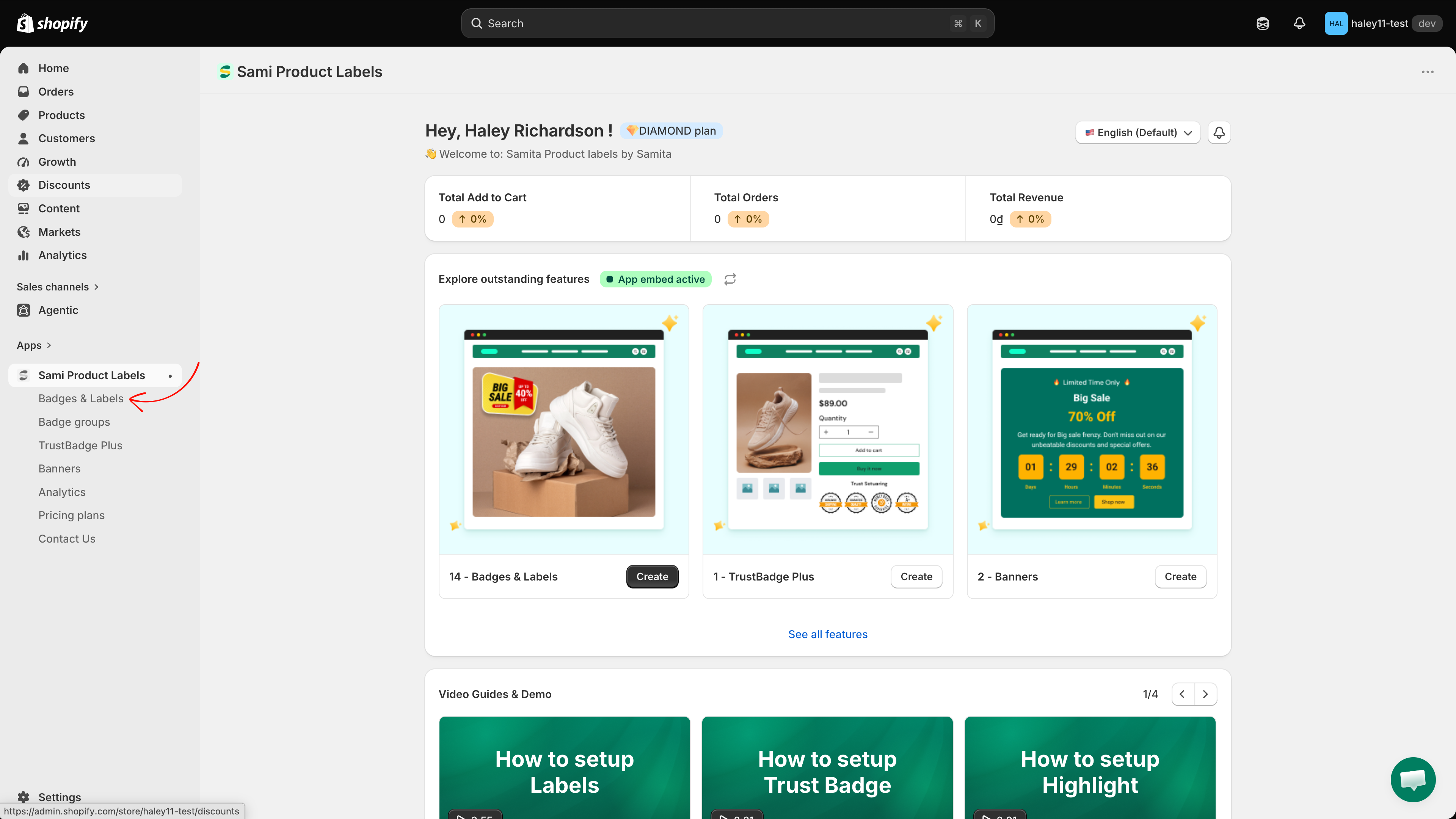 Sidebar with Badges and Labels highlighted
