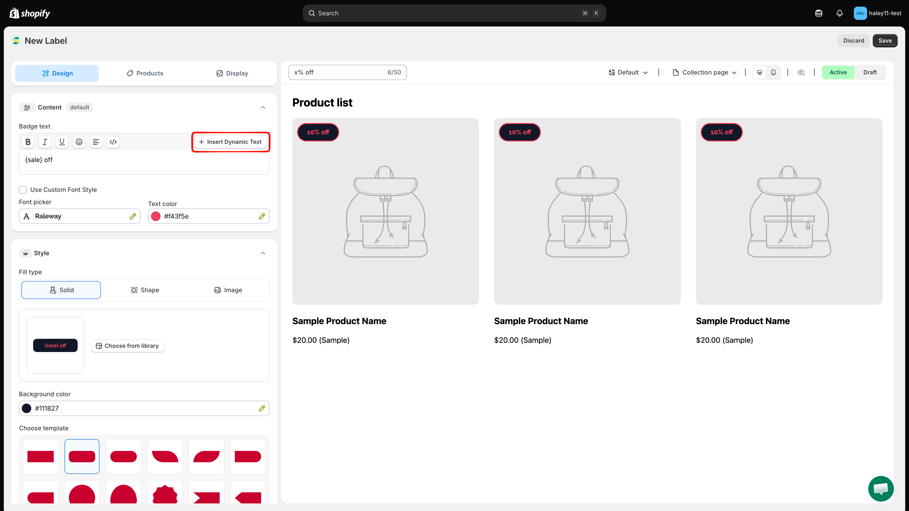 Insert Dynamic Text button in the Badge text toolbar