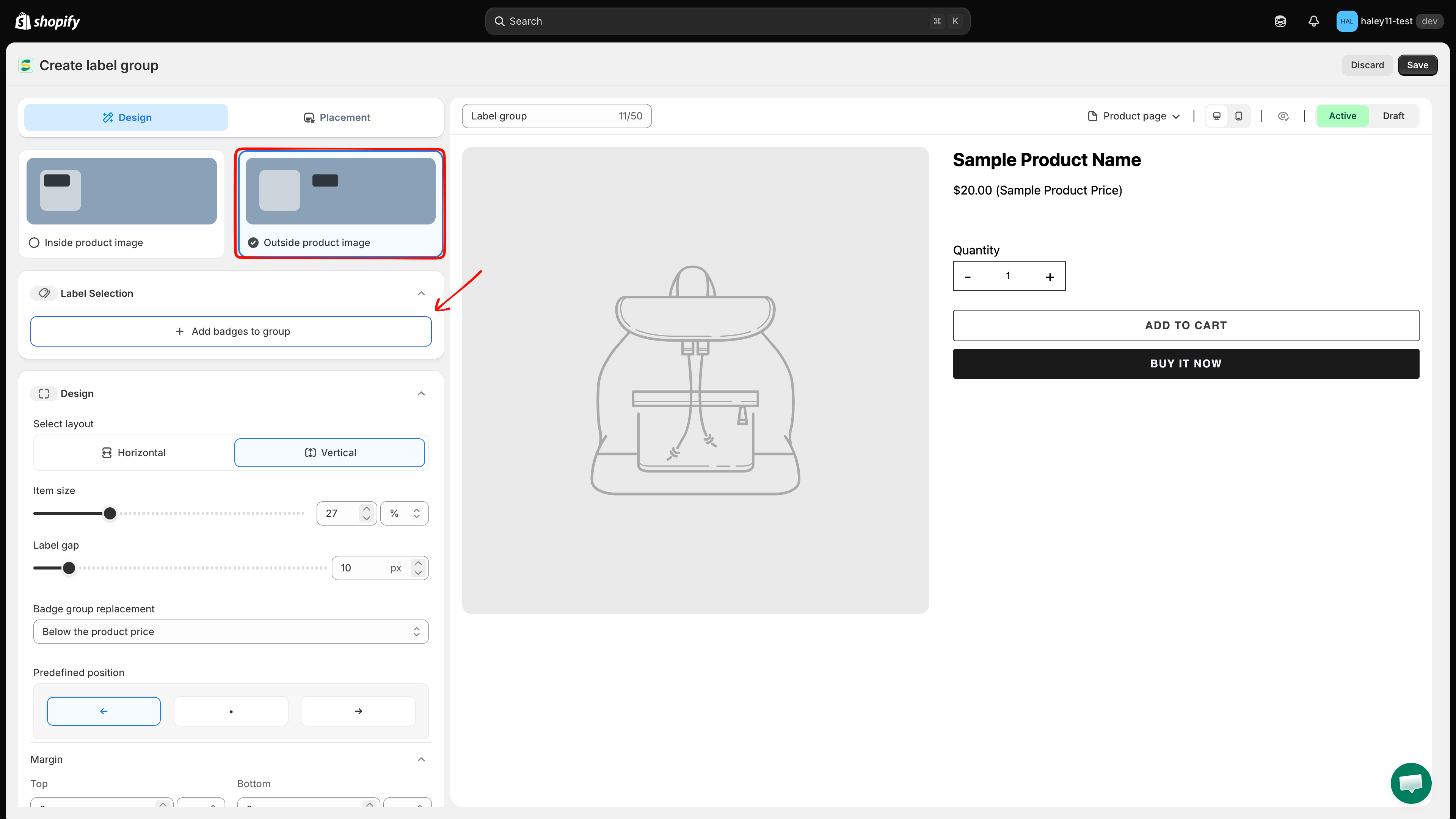 Outside product image option selected