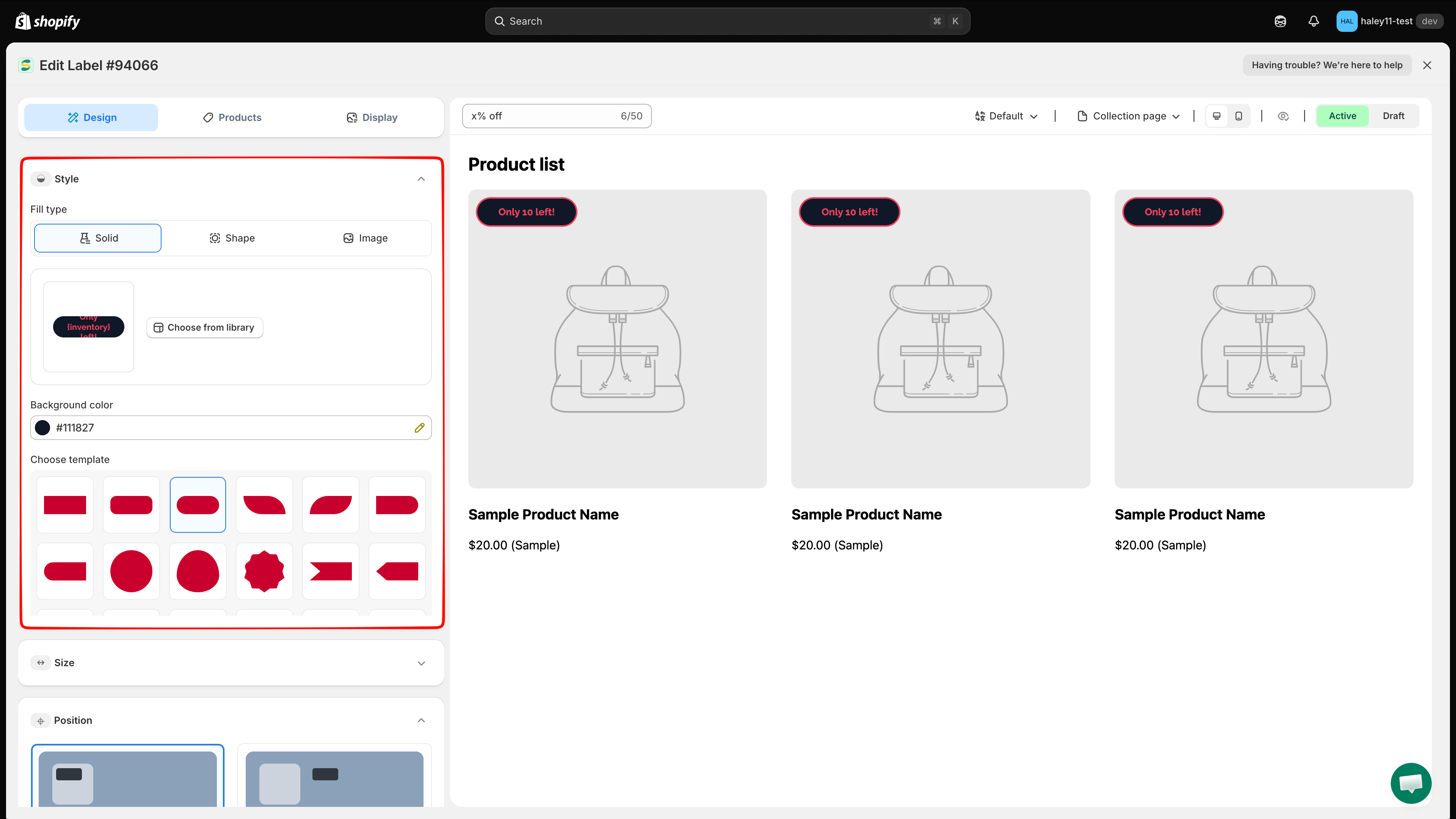 Style section with Solid, Shape, and Image fill types