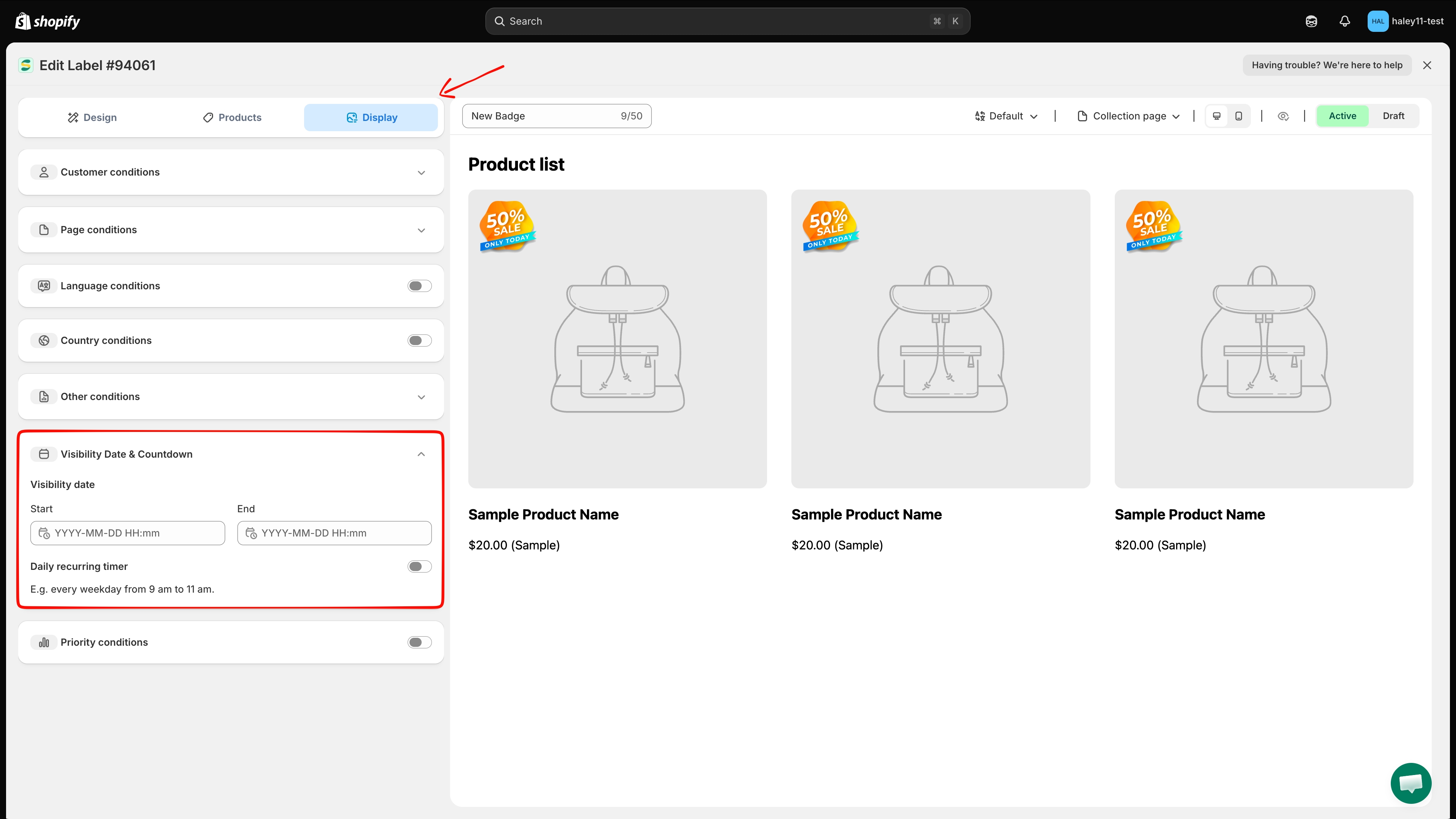 Visibility Date and Countdown section expanded in the Display tab