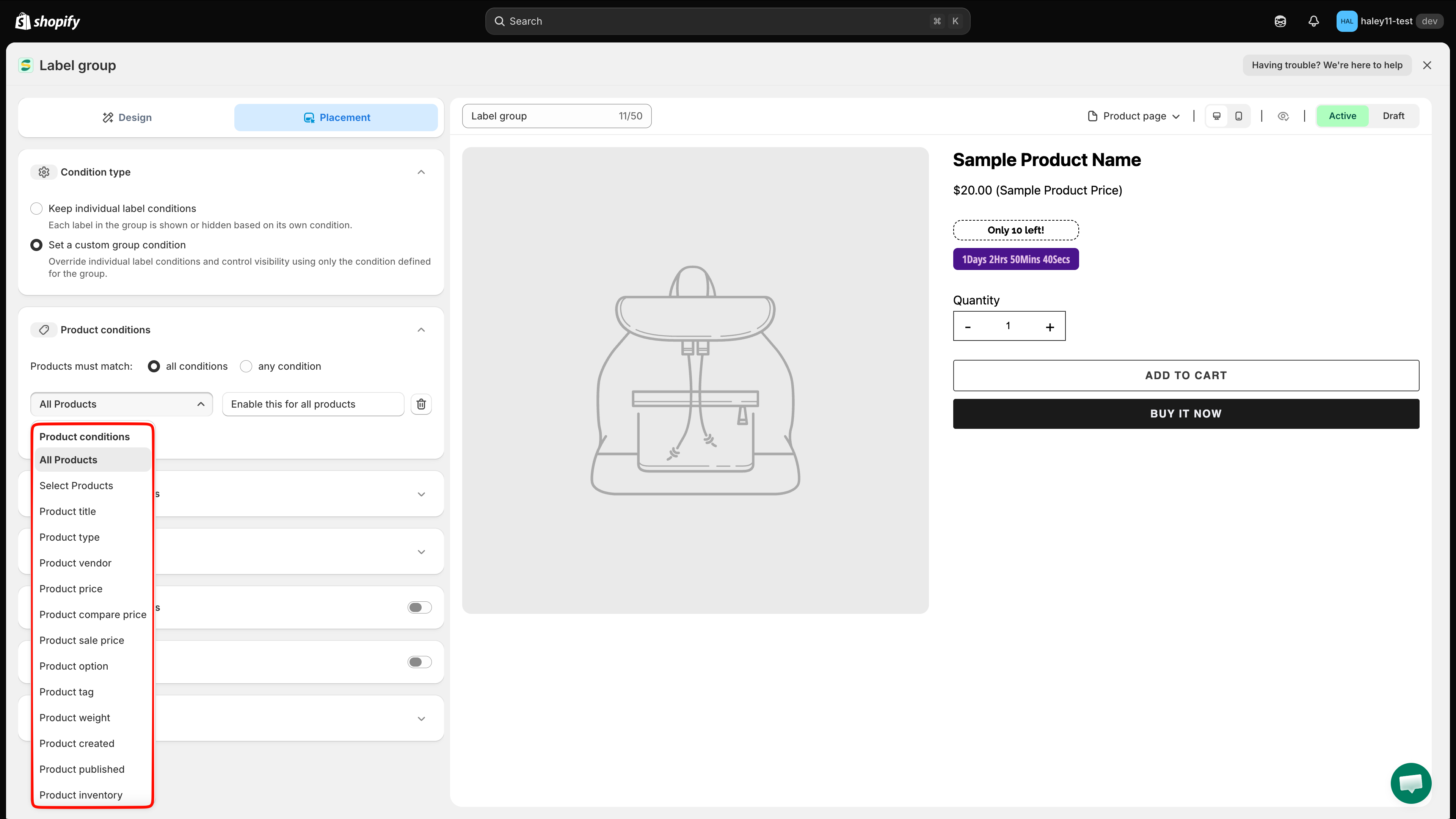 Product condition dropdown showing the grouped option list