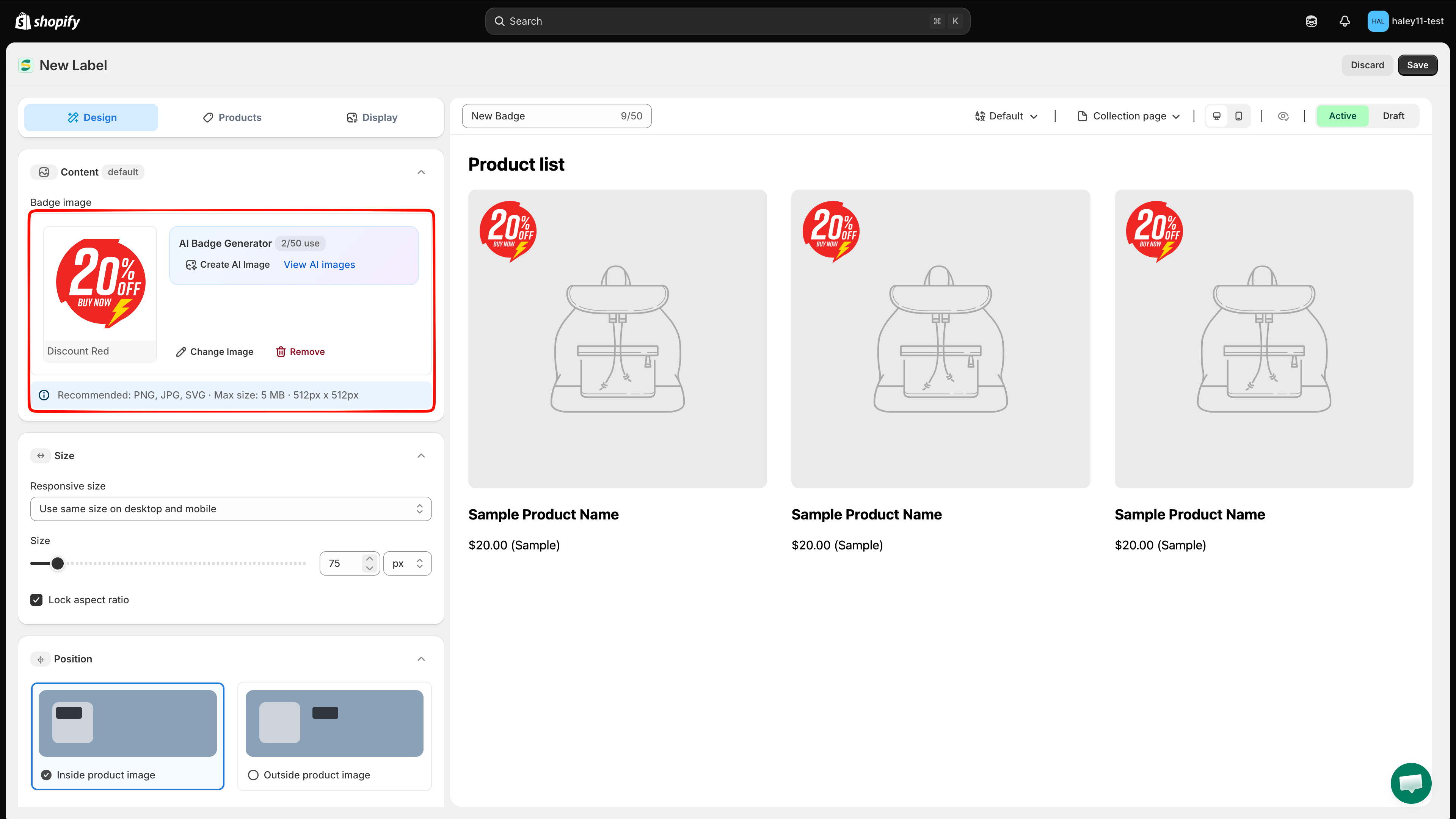 Selected badge image with Create AI Image, View AI images, Change Image, and Remove controls