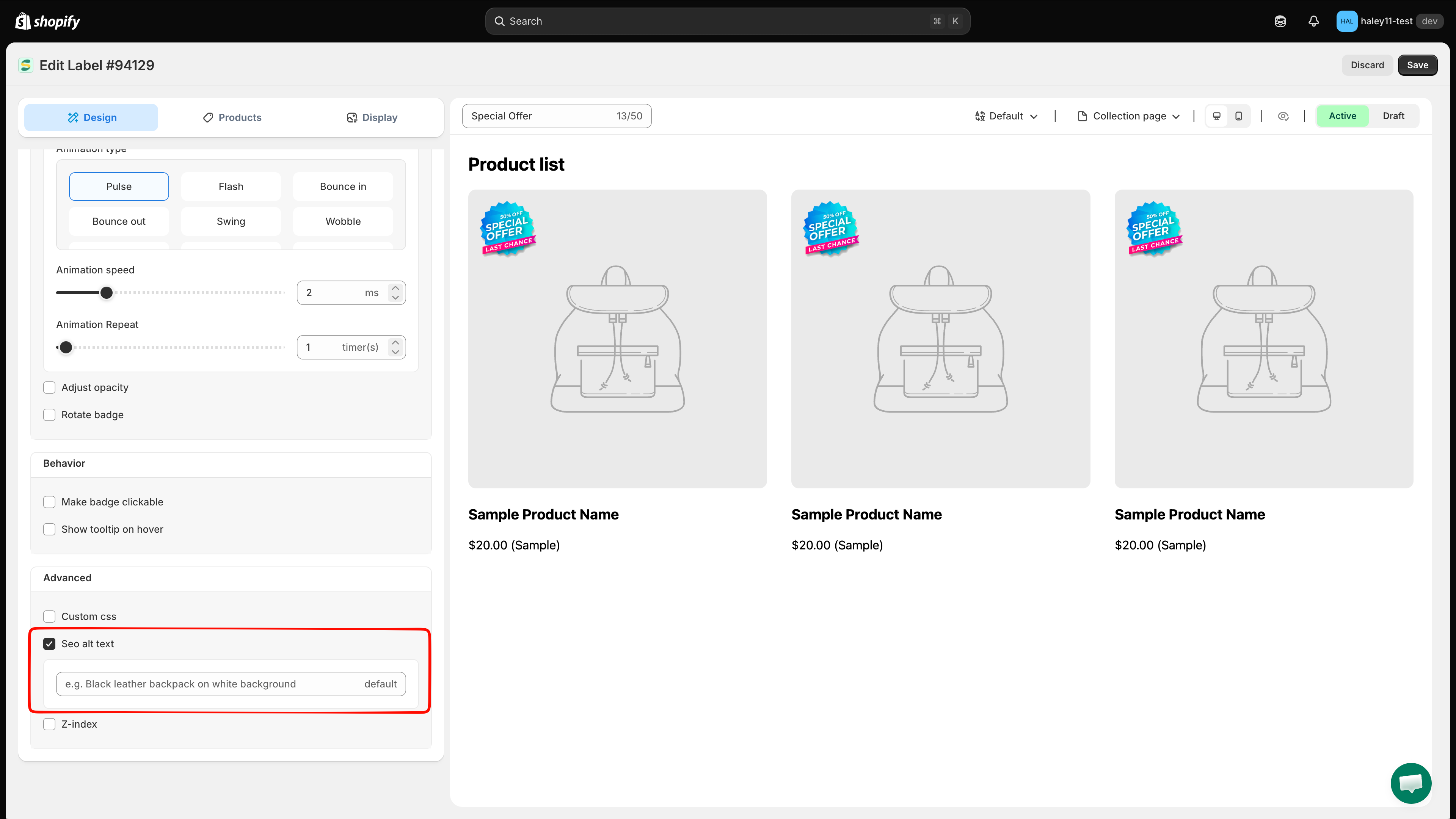 Alt text field for badge SEO and accessibility