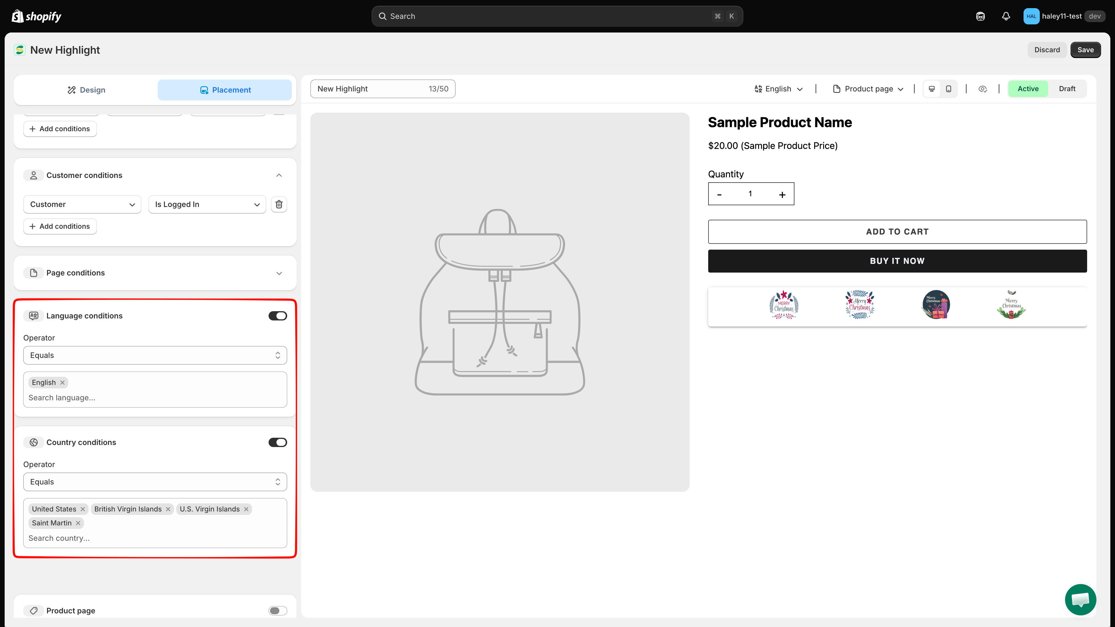 Language and country conditions with their operator and search fields