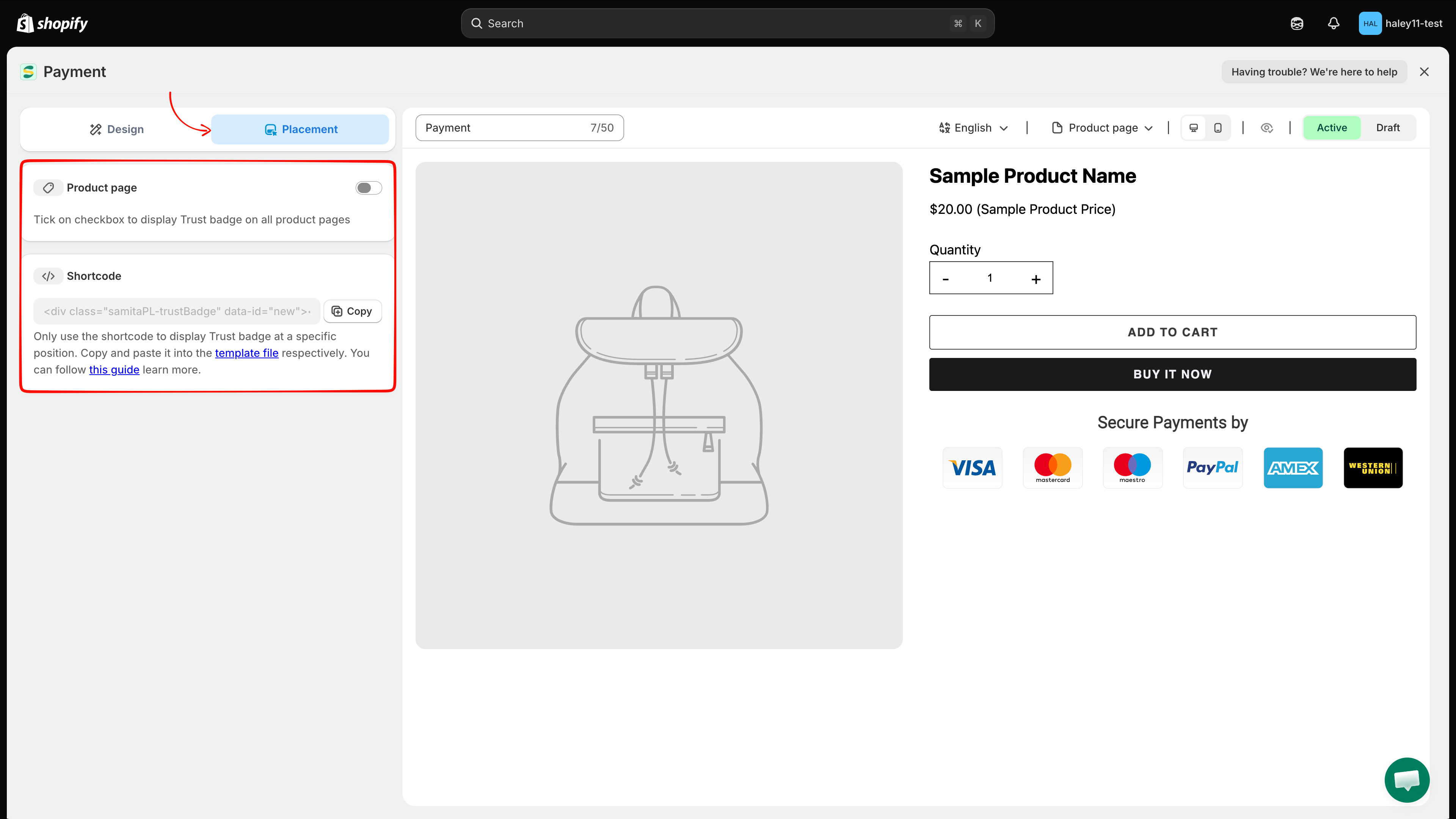 Placement tab with the Product page switch and Shortcode section