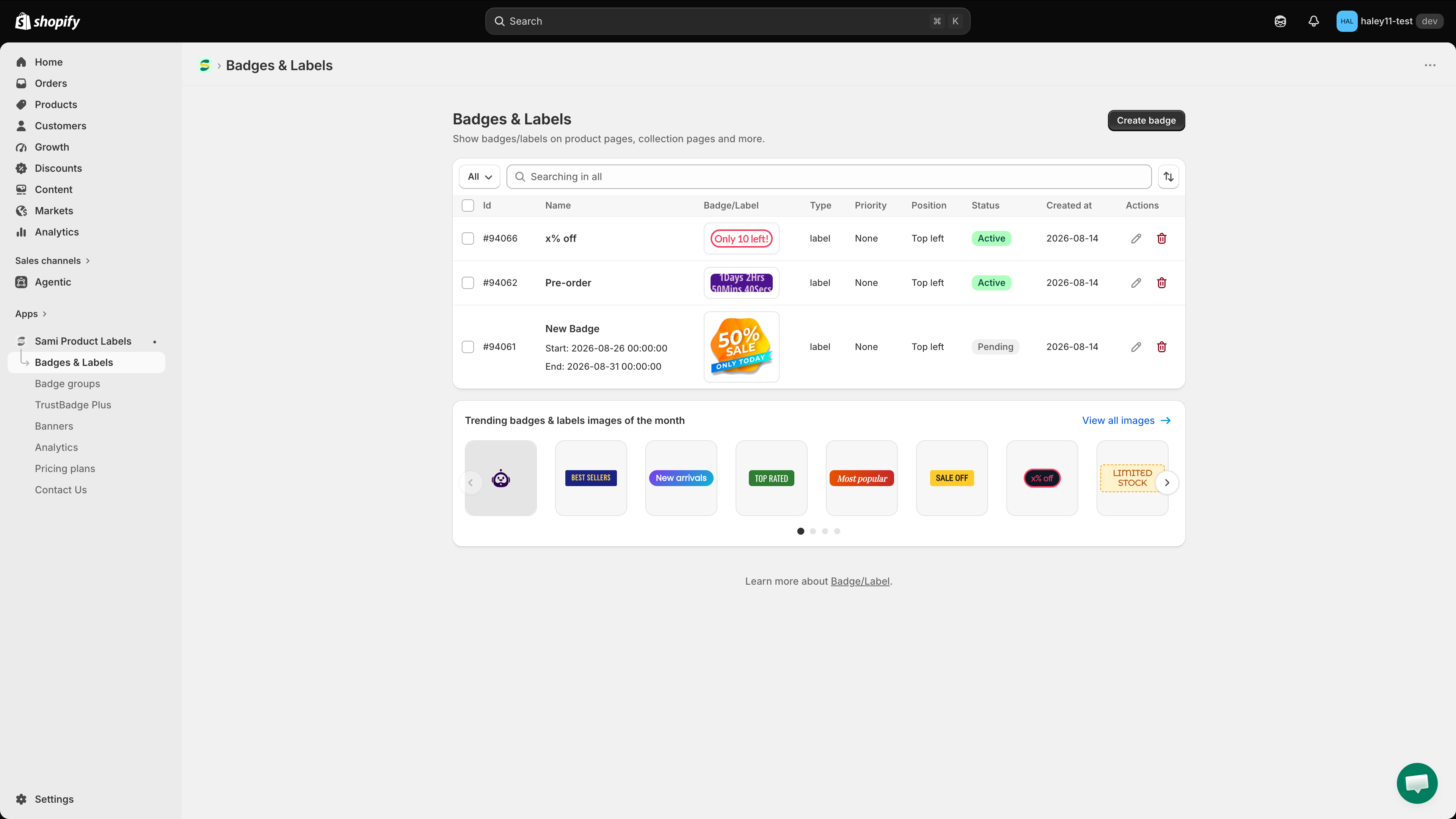 Badges and Labels list with the Edit badge or label action highlighted