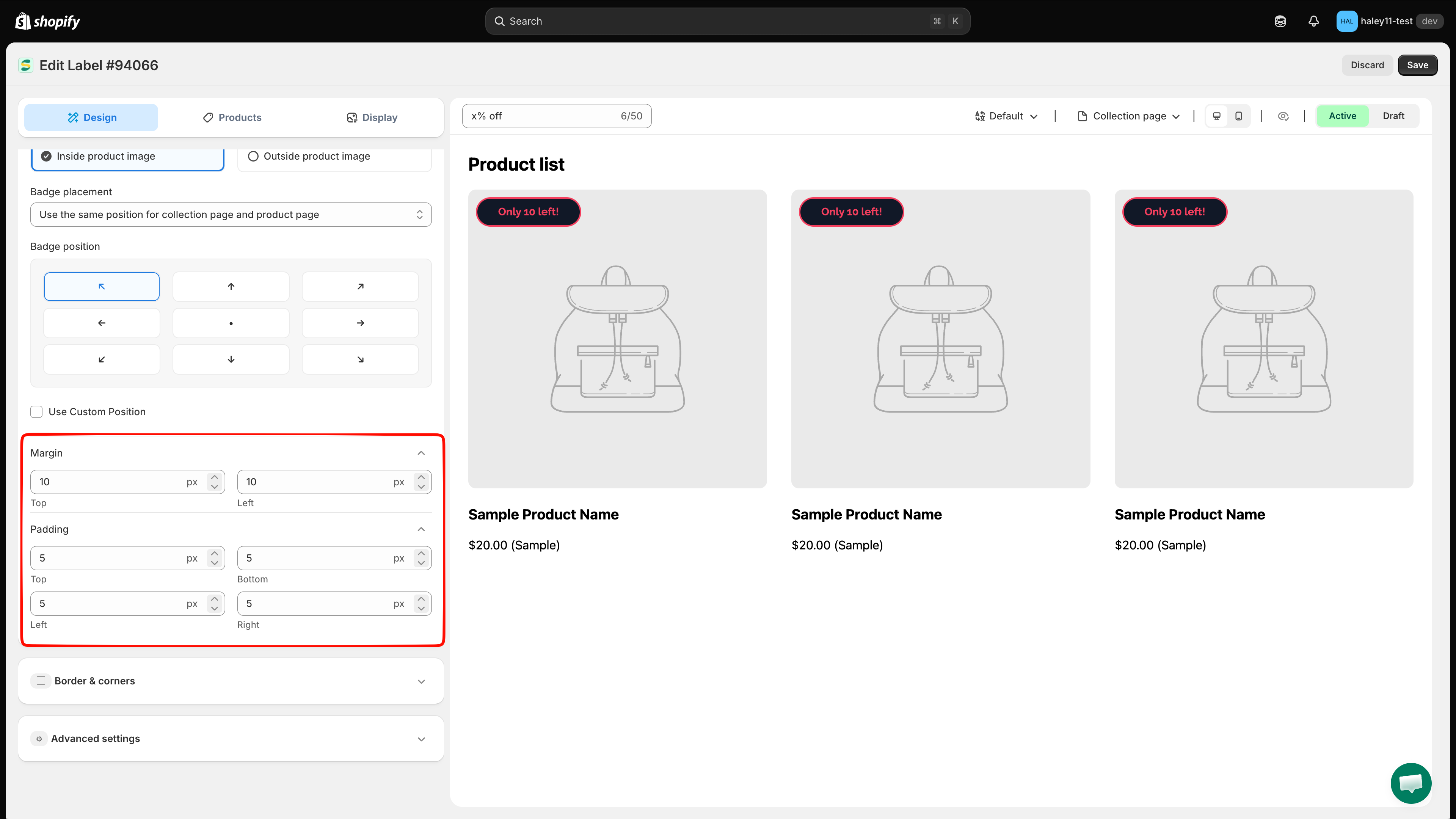 Expanded Margin and Padding controls in the Position section