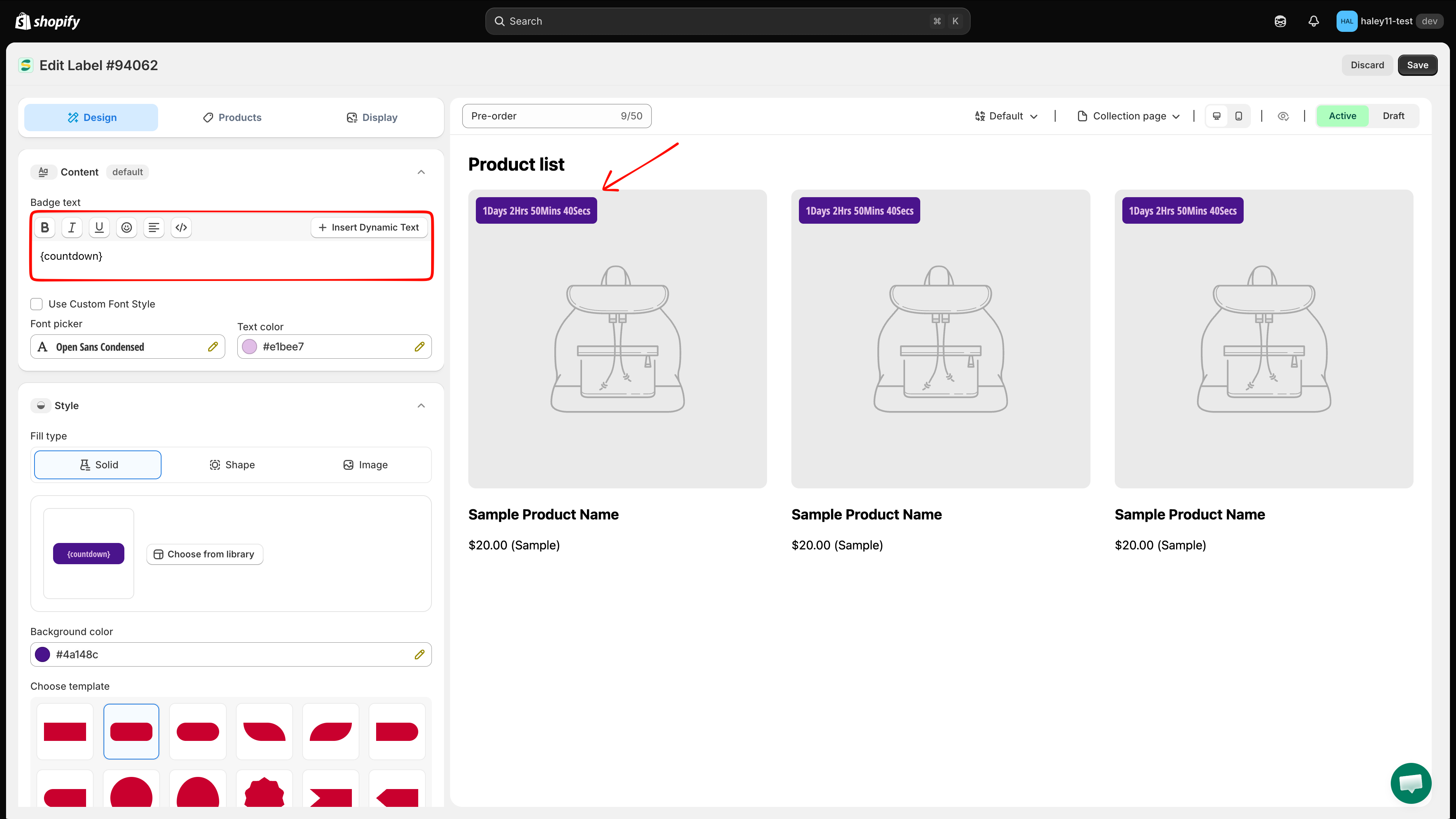 Countdown variable with Style 1 and Style 2 options in Insert Dynamic Text