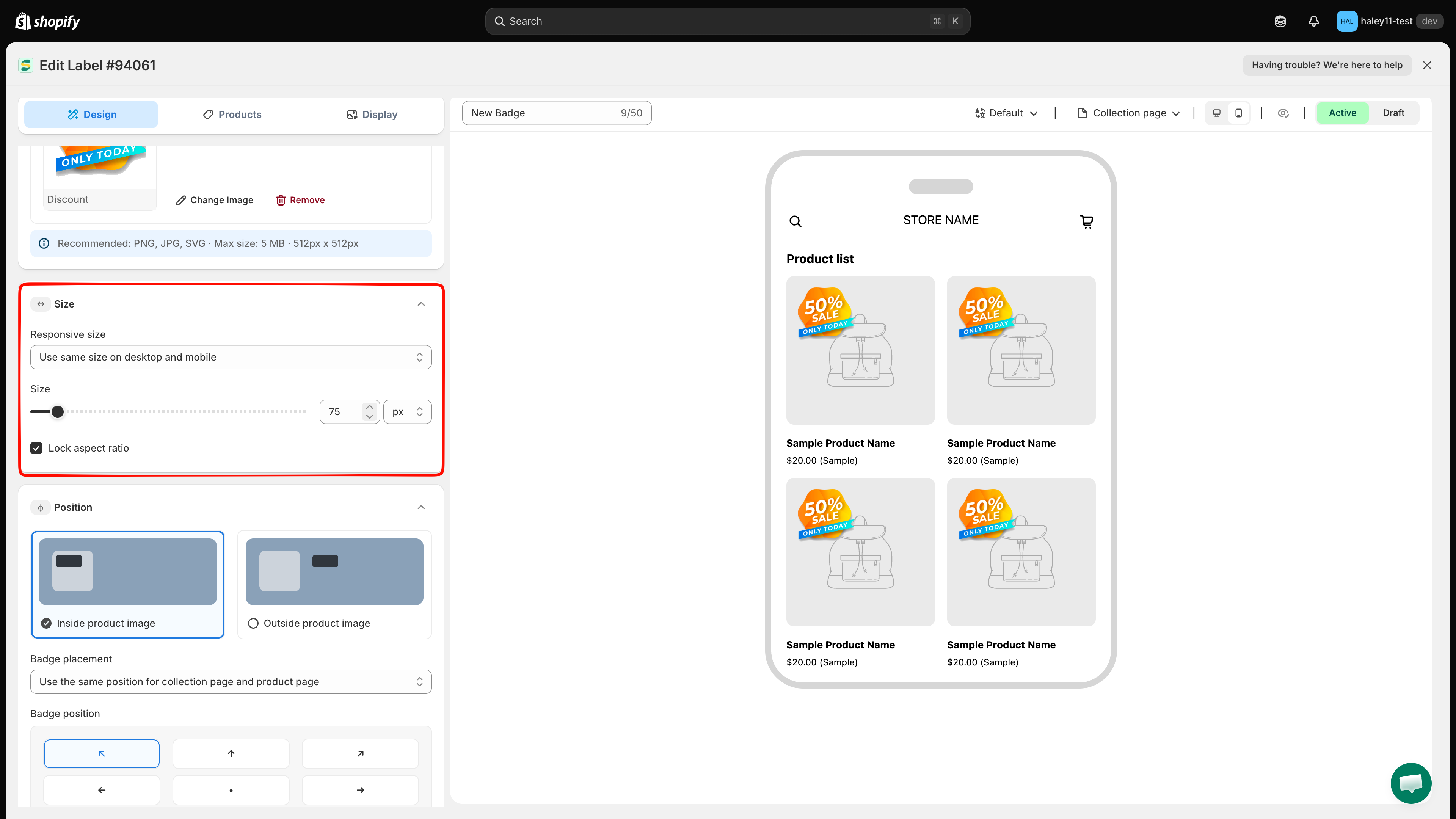 Size section in the Design tab of the badge editor