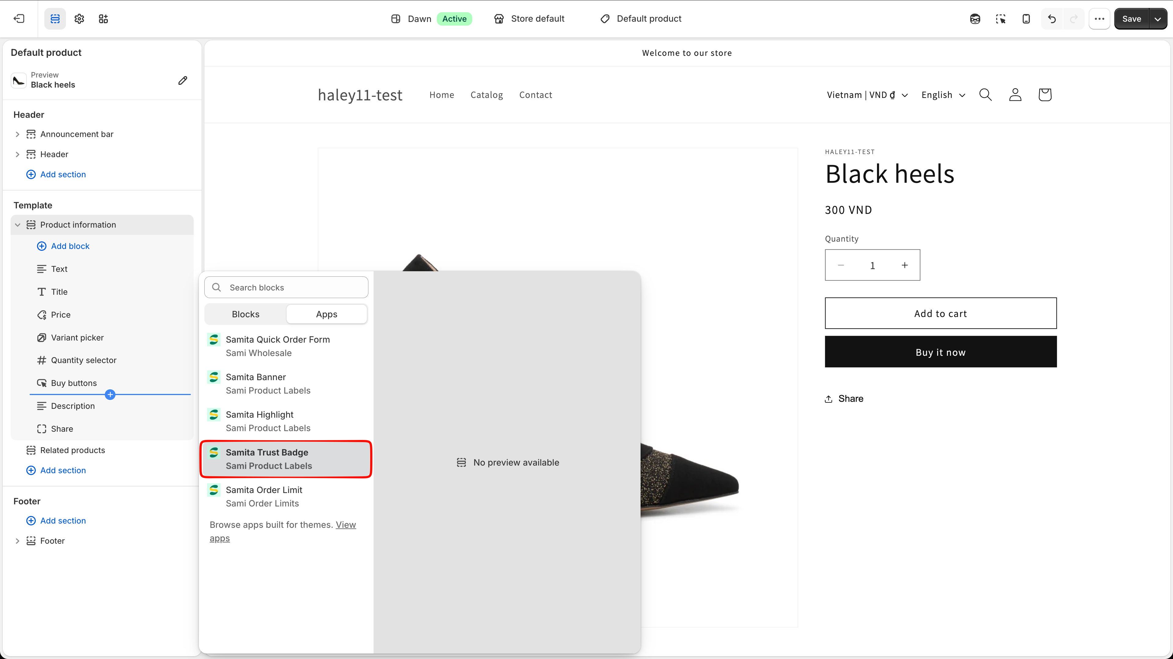 Add block dialog on the Apps tab with Samita Trust Badge from Sami Product Labels