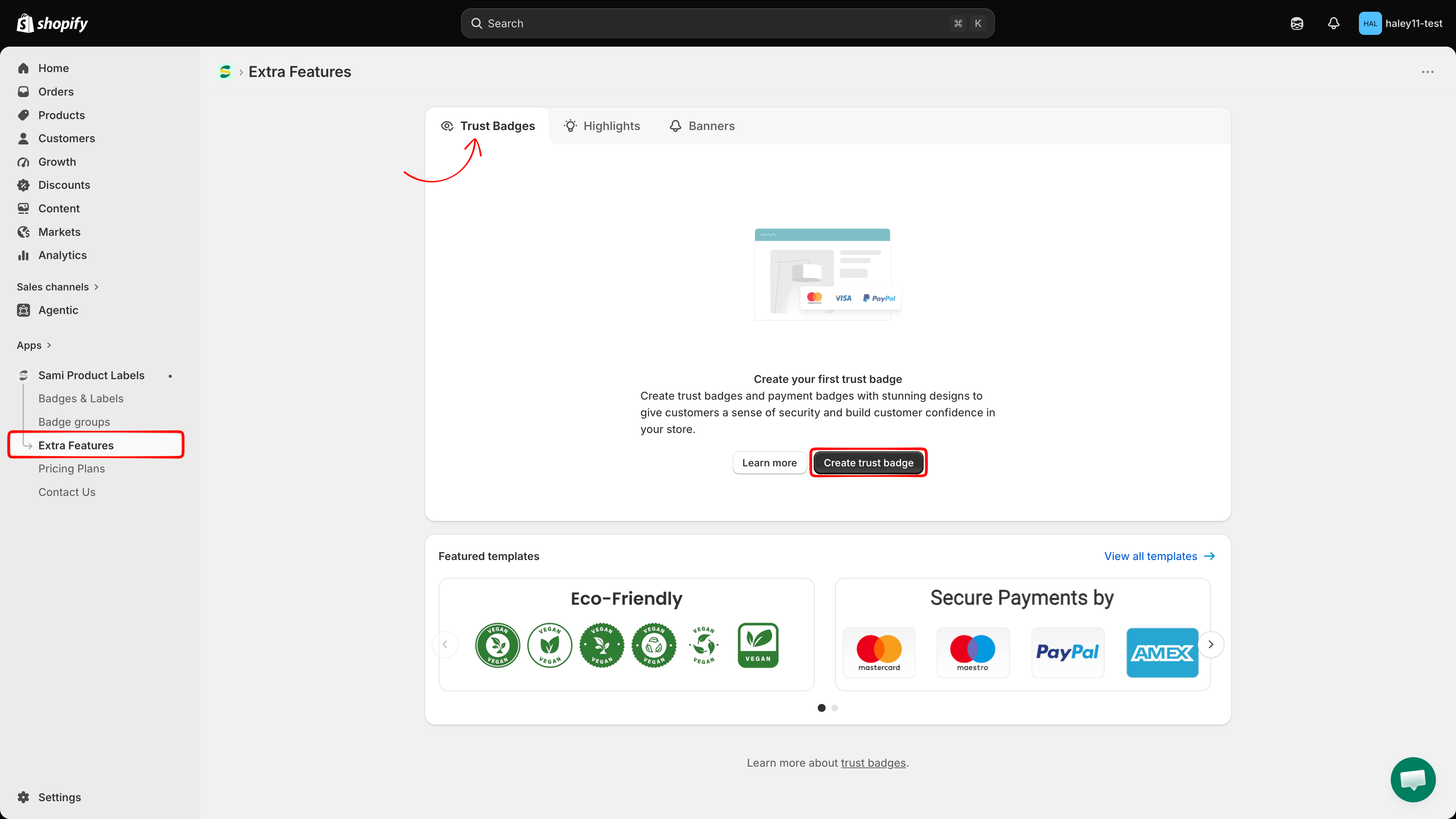 Extra Features page with the Trust Badges tab selected