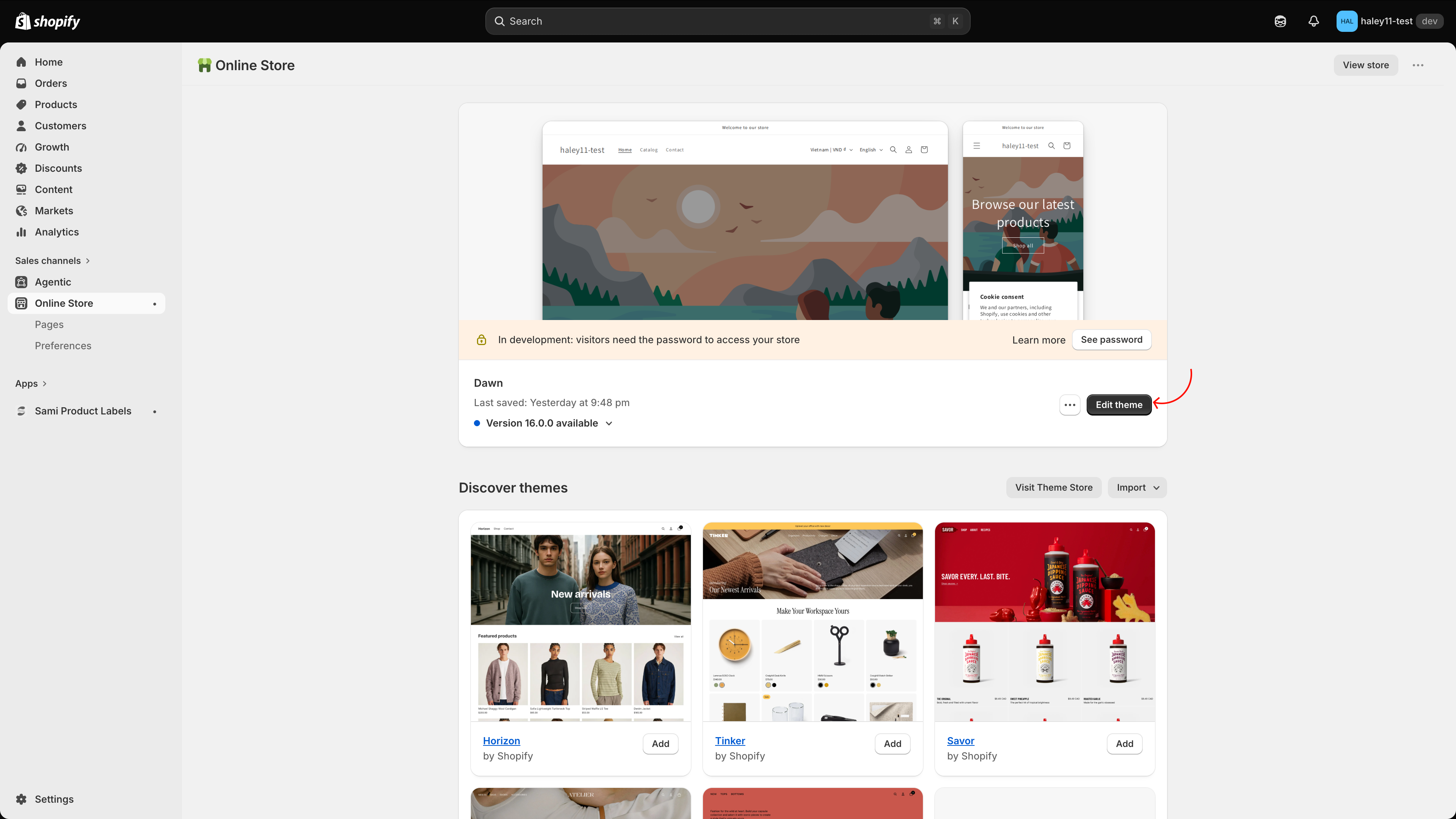 Online Store page with the Edit theme button on the live theme