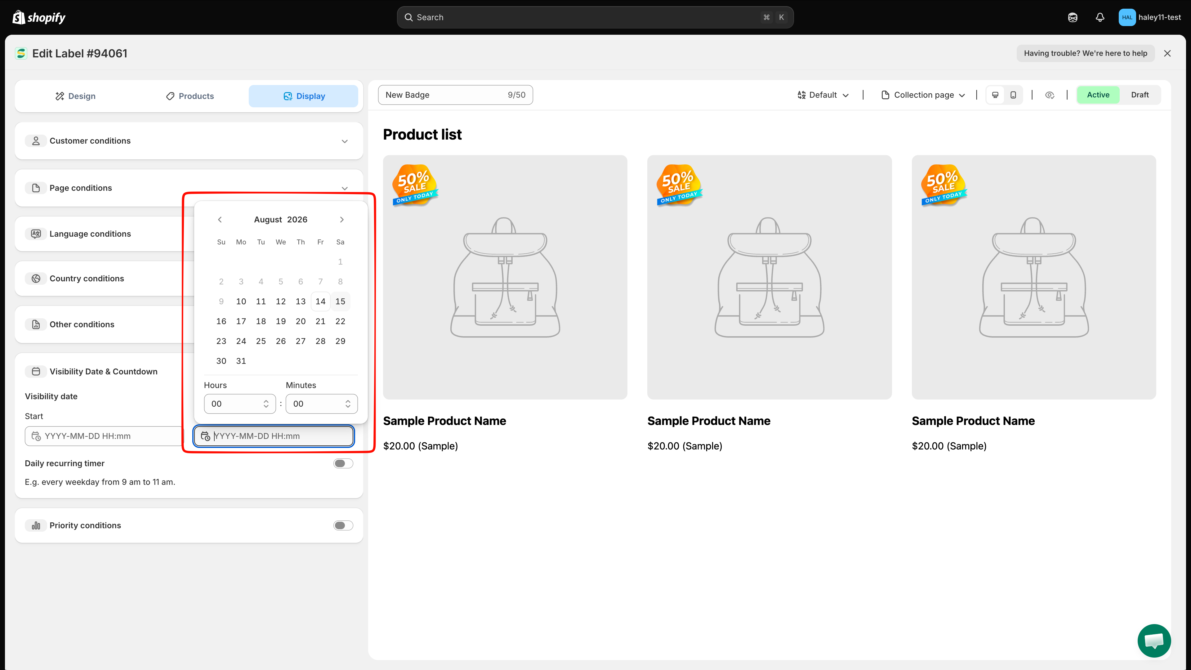 End date picker with calendar, Hours, and Minutes controls