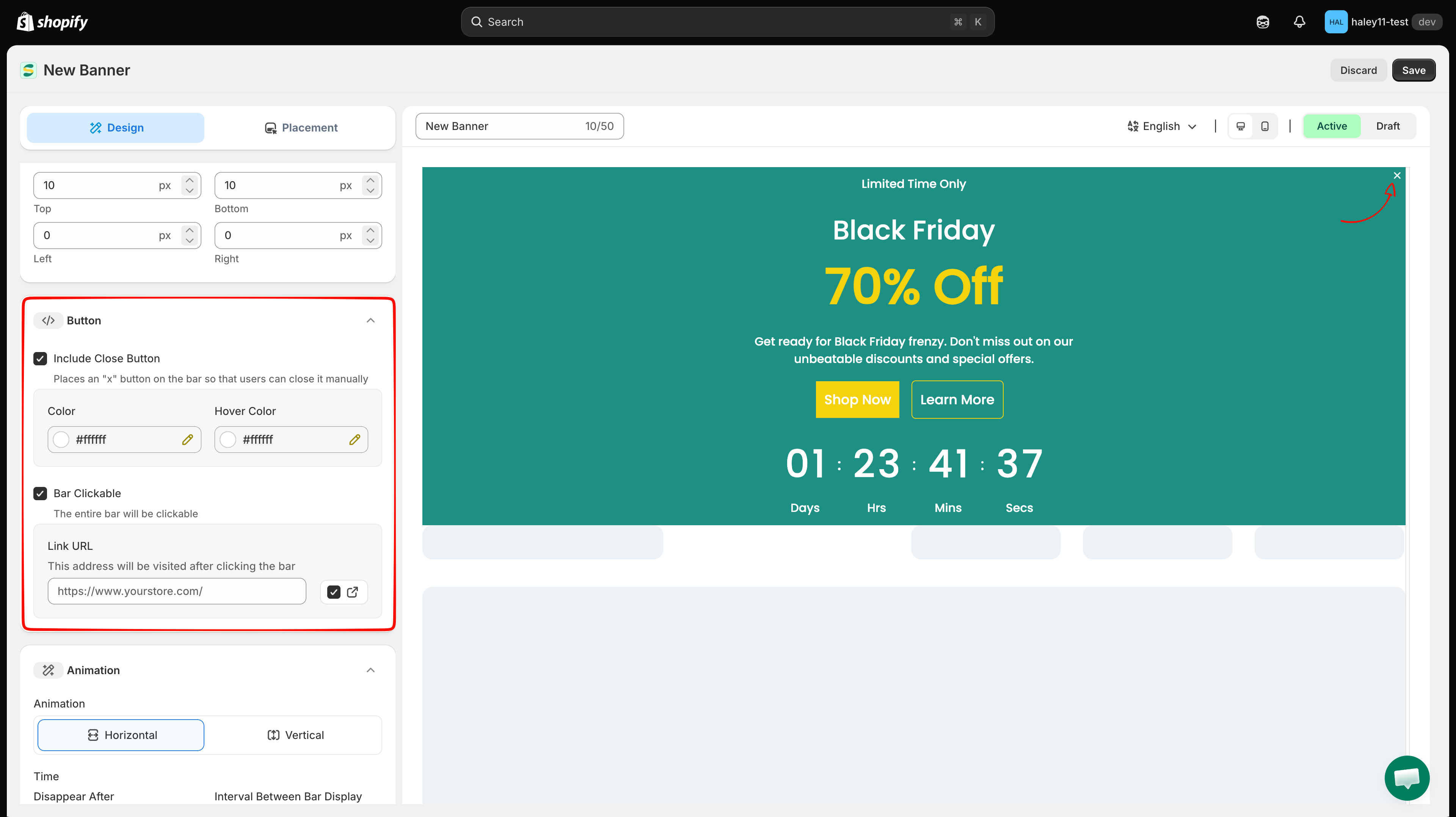 The Button panel with Include Close Button and Bar Clickable enabled
