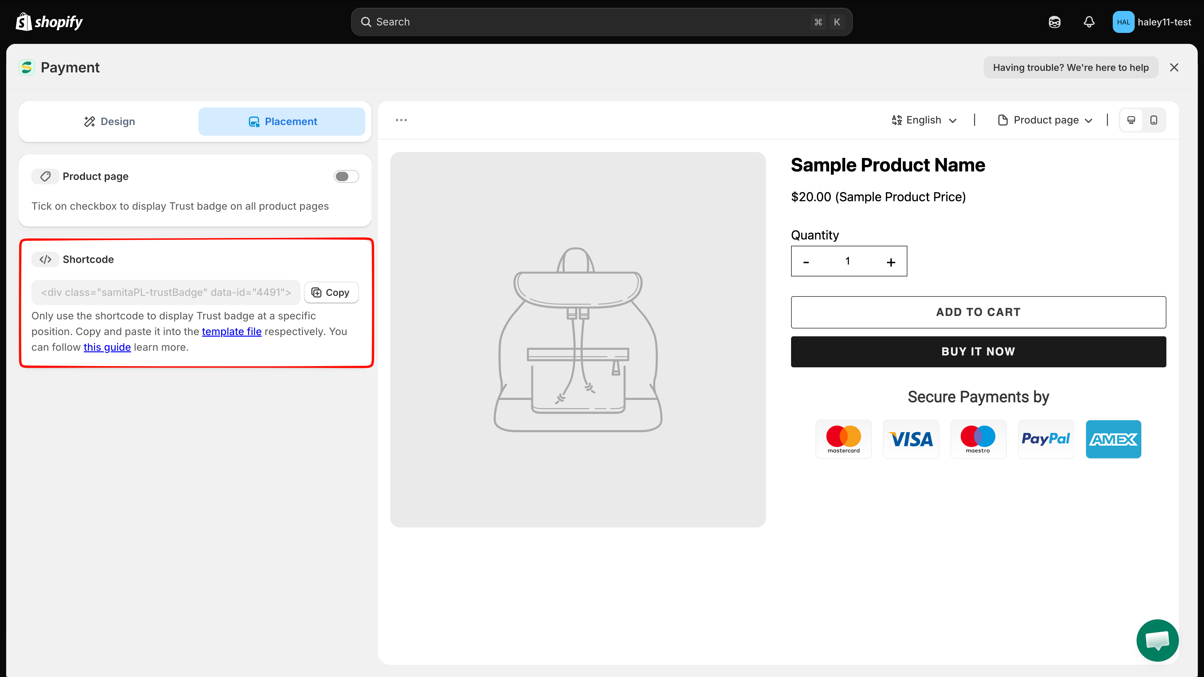 Placement tab with the Product page switch and Shortcode section