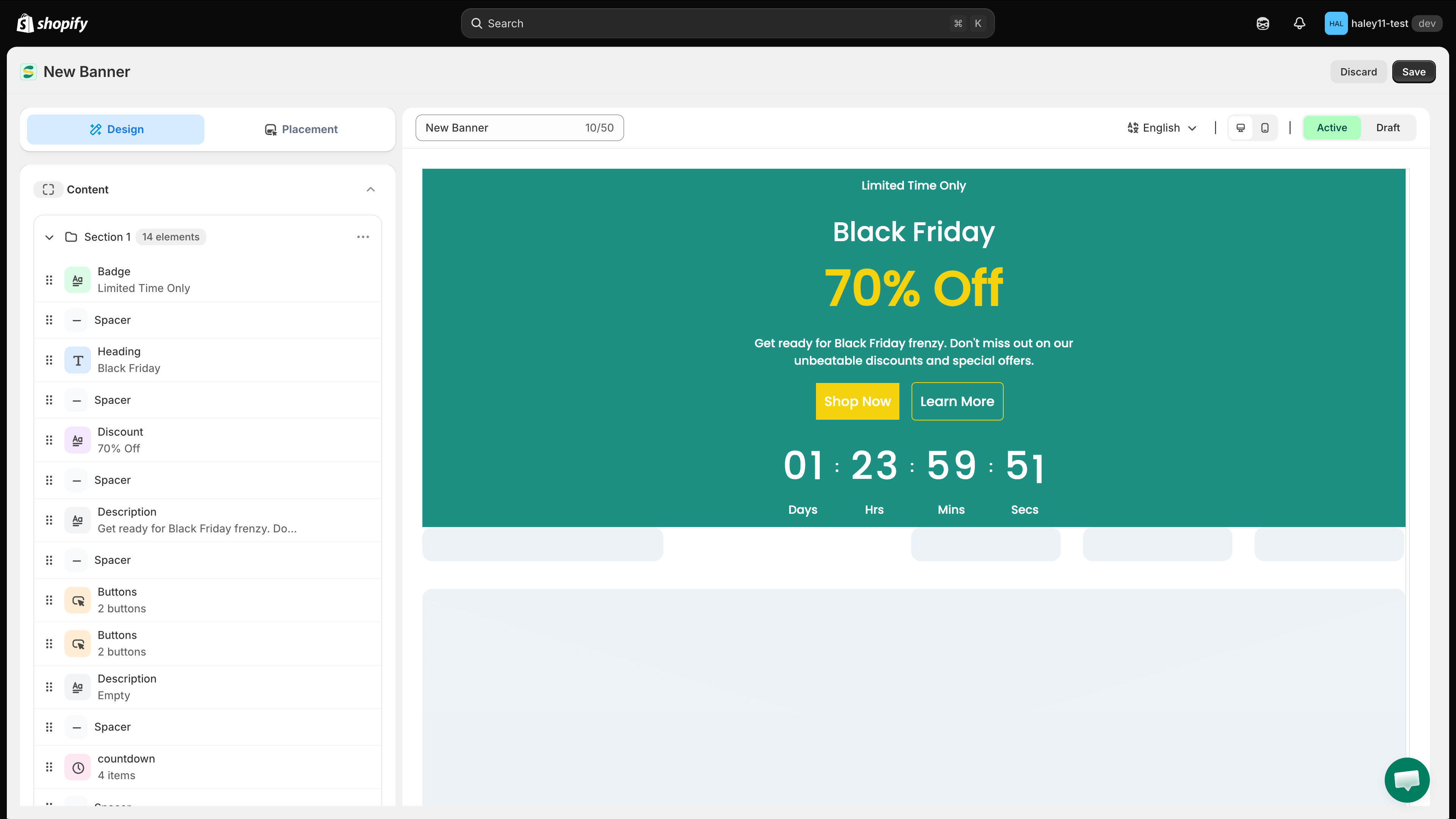 The banner editor toolbar with the name field, language selector, preview toggles, and Active/Draft switch