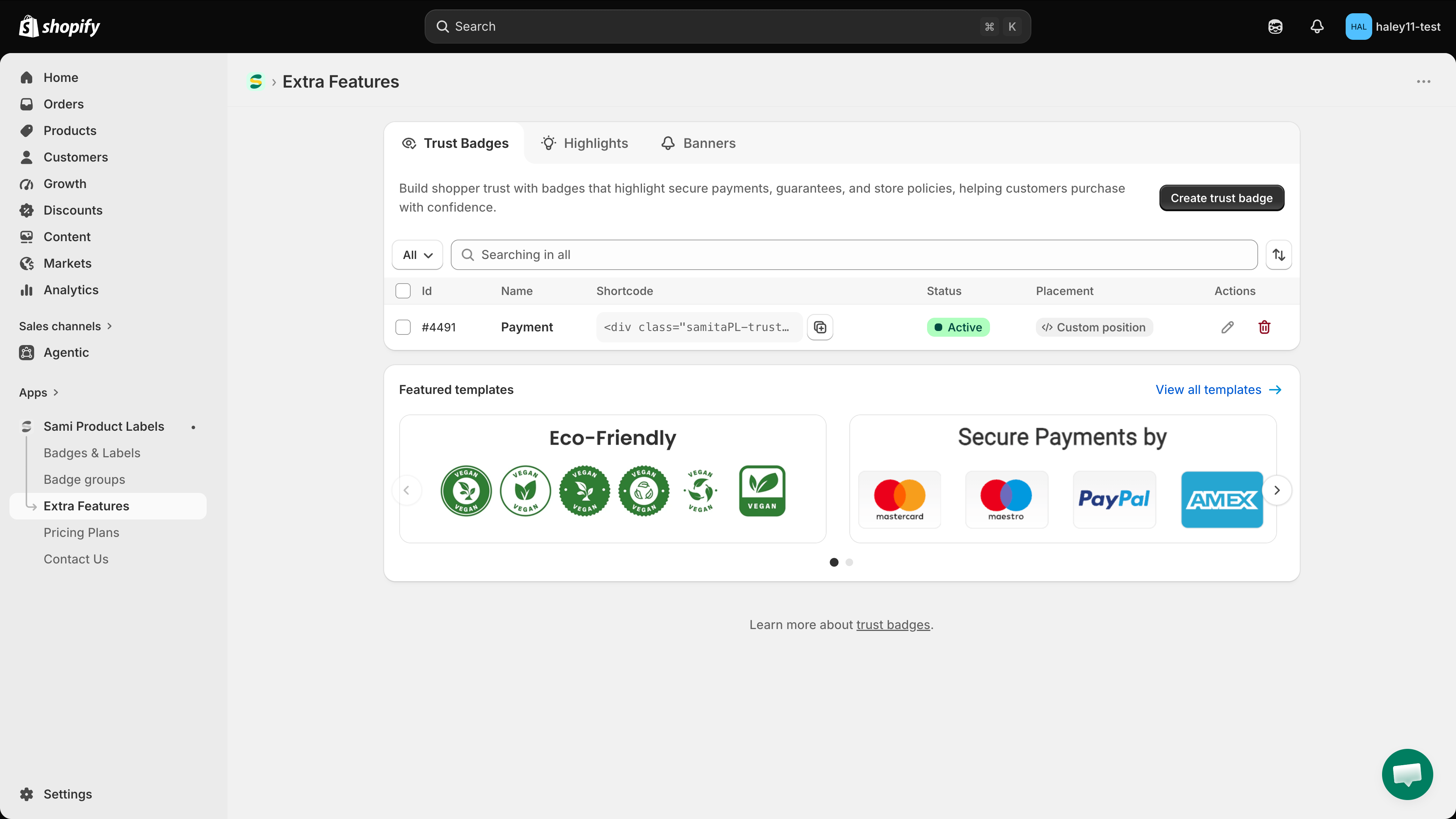 The redesigned Extra Features page with navigation for Trust Badges, Highlights, and Banners
