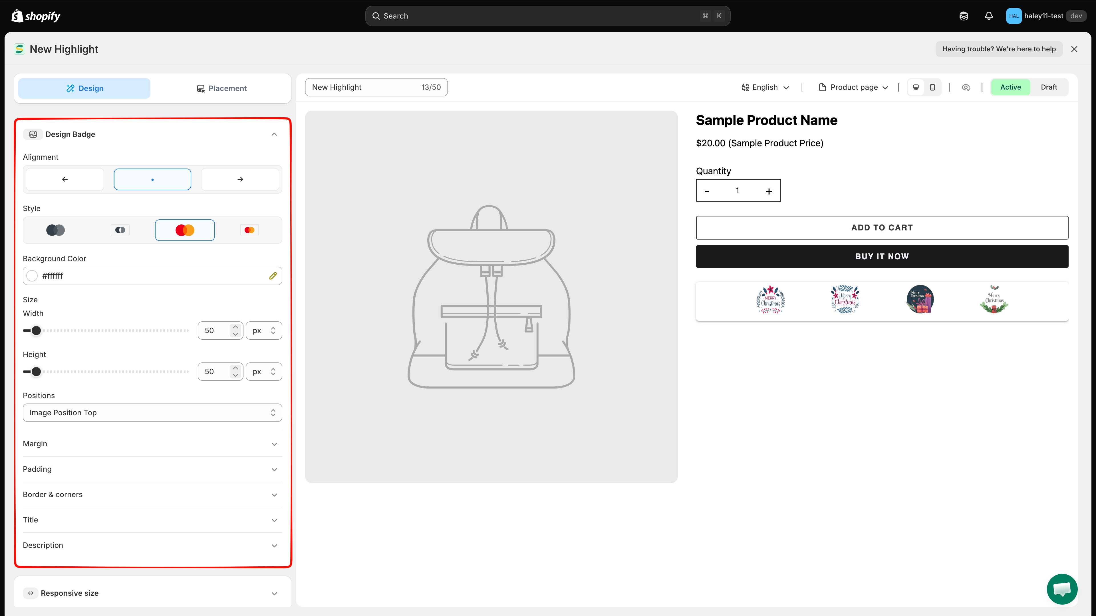 Design Badge section with alignment, style, size, and positions
