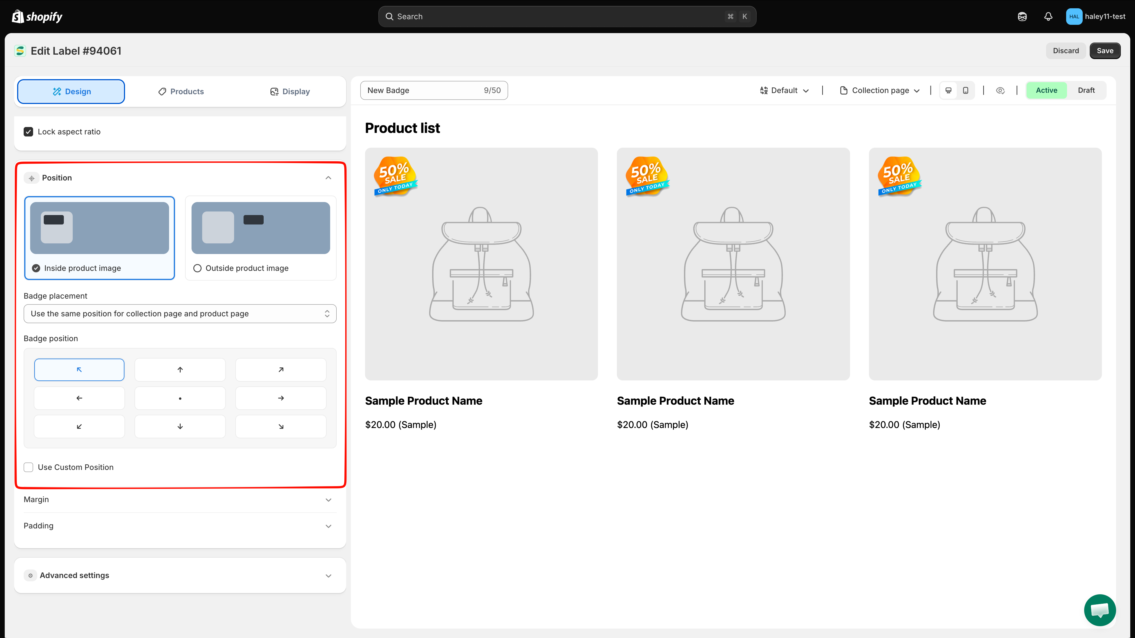 Image badge Position section with placement options and the nine-position grid