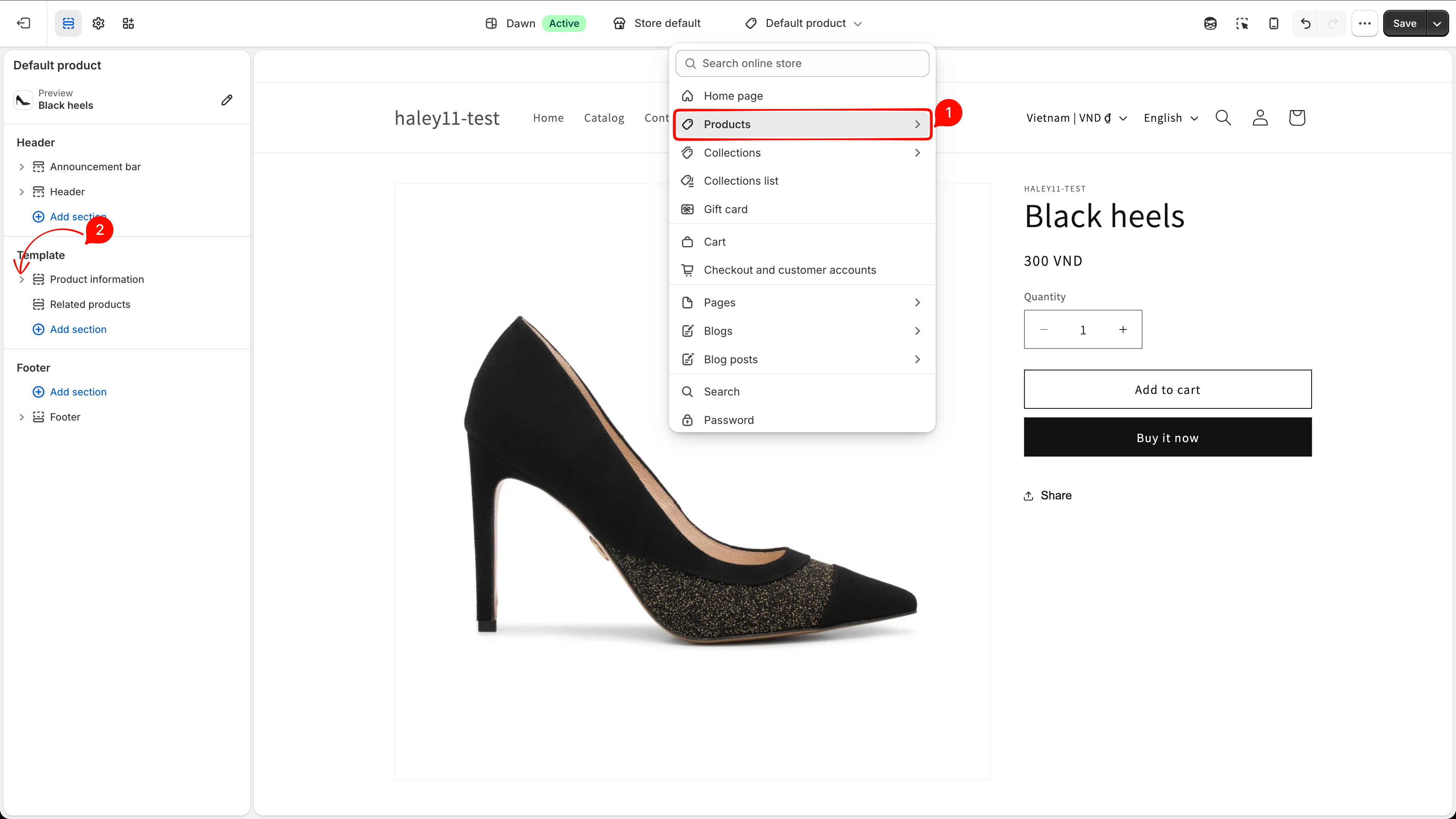 Shopify theme editor with Default product selected and Product information expanded