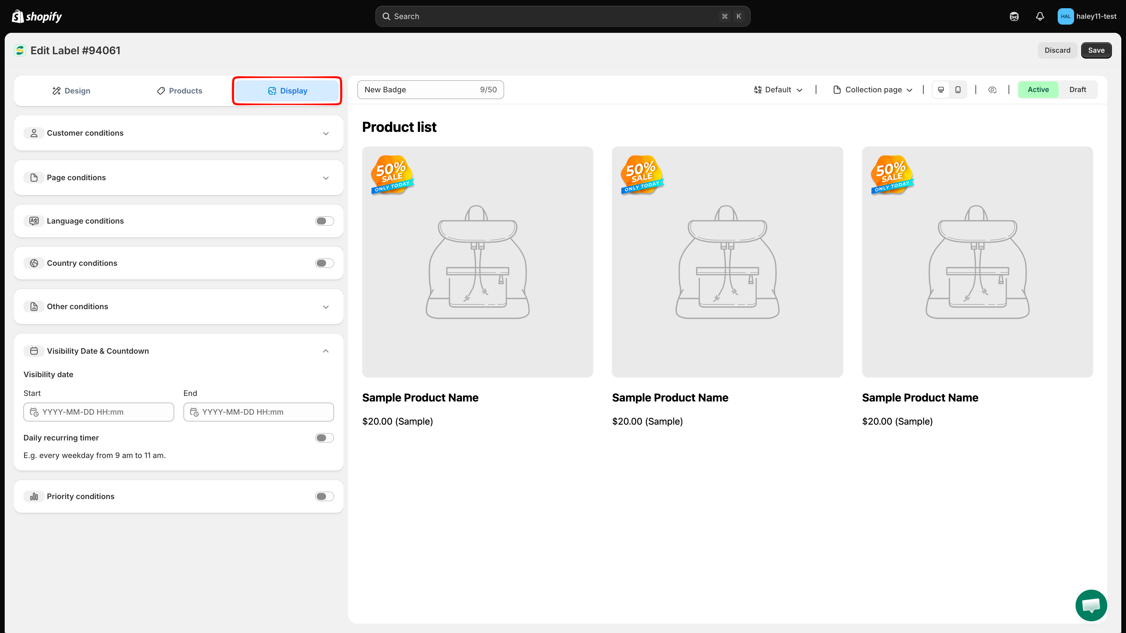 Display tab with customer, page, language, country, visibility, and priority conditions