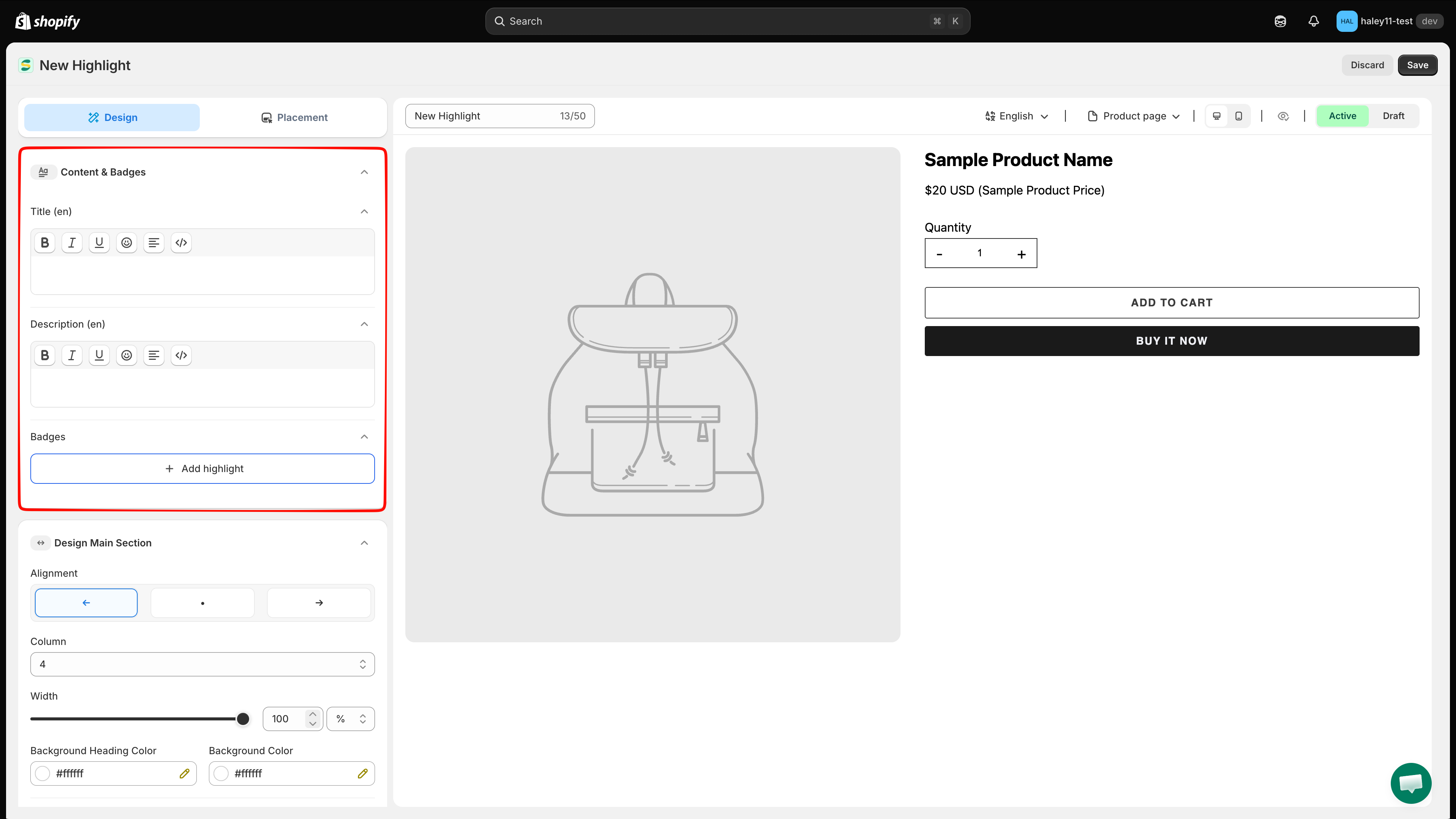 Title and Description rich-text editors in the Content and Badges section