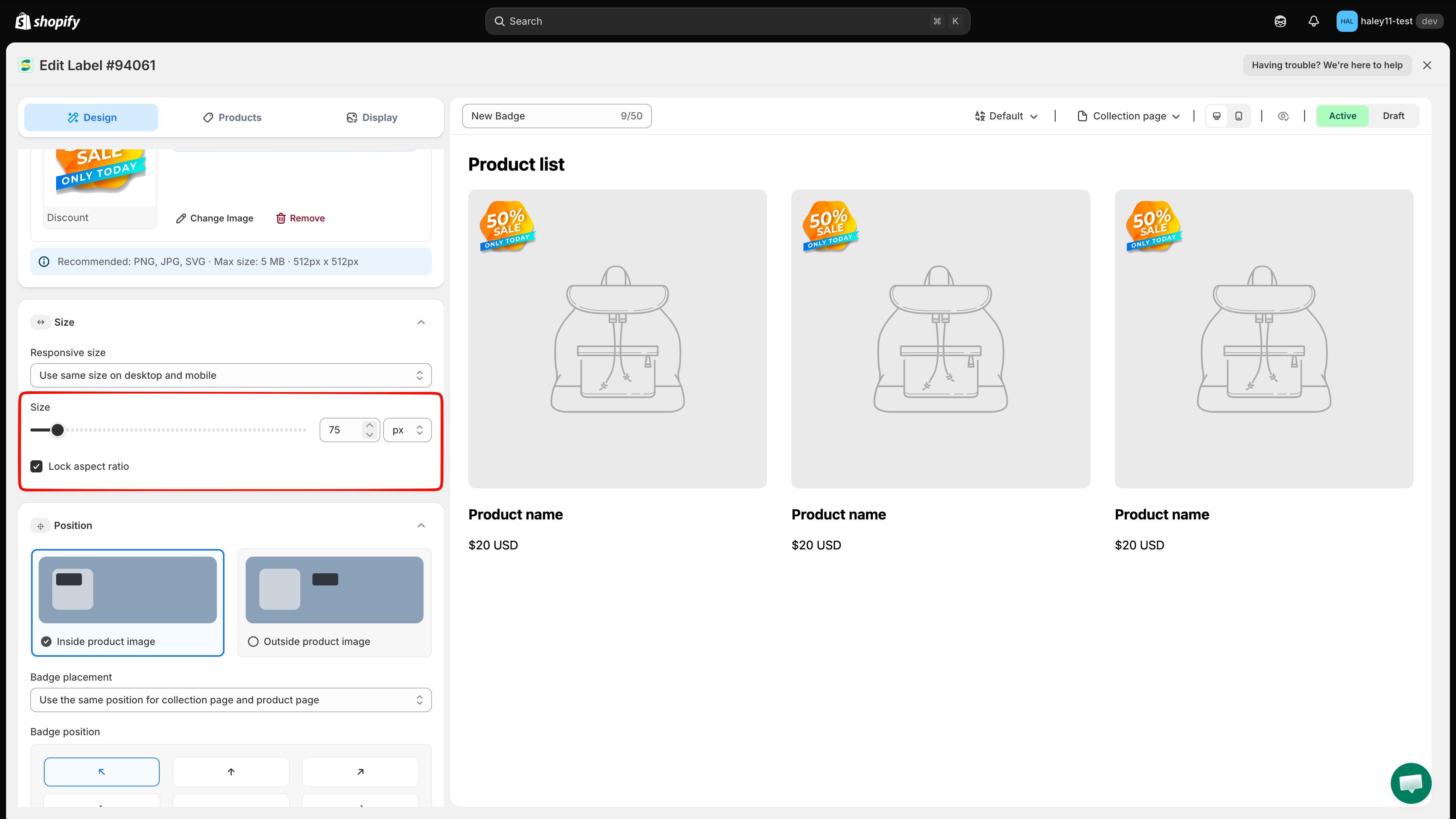Image badge Size controls with Lock aspect ratio enabled