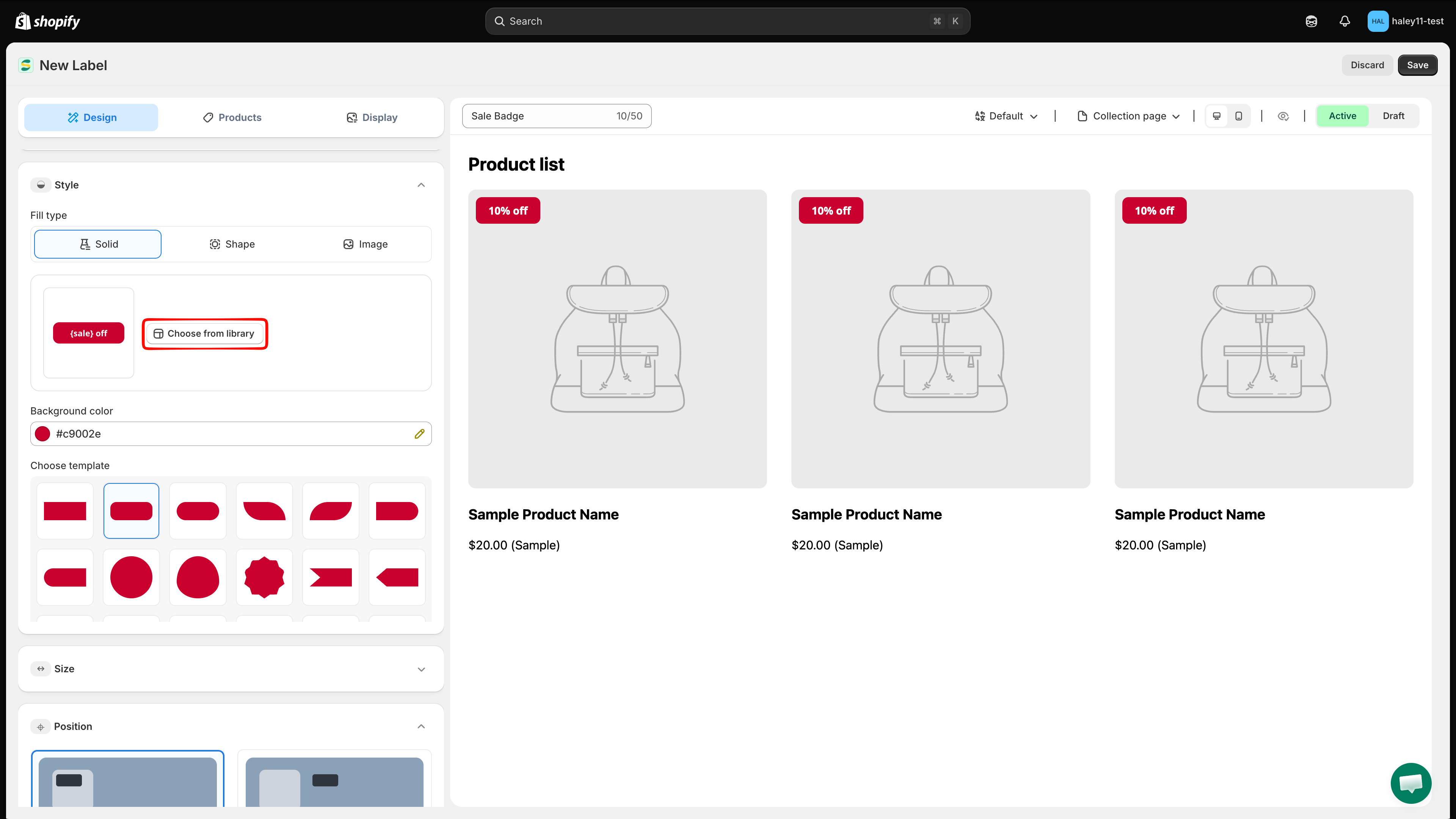 Design panel with Choose from library highlighted